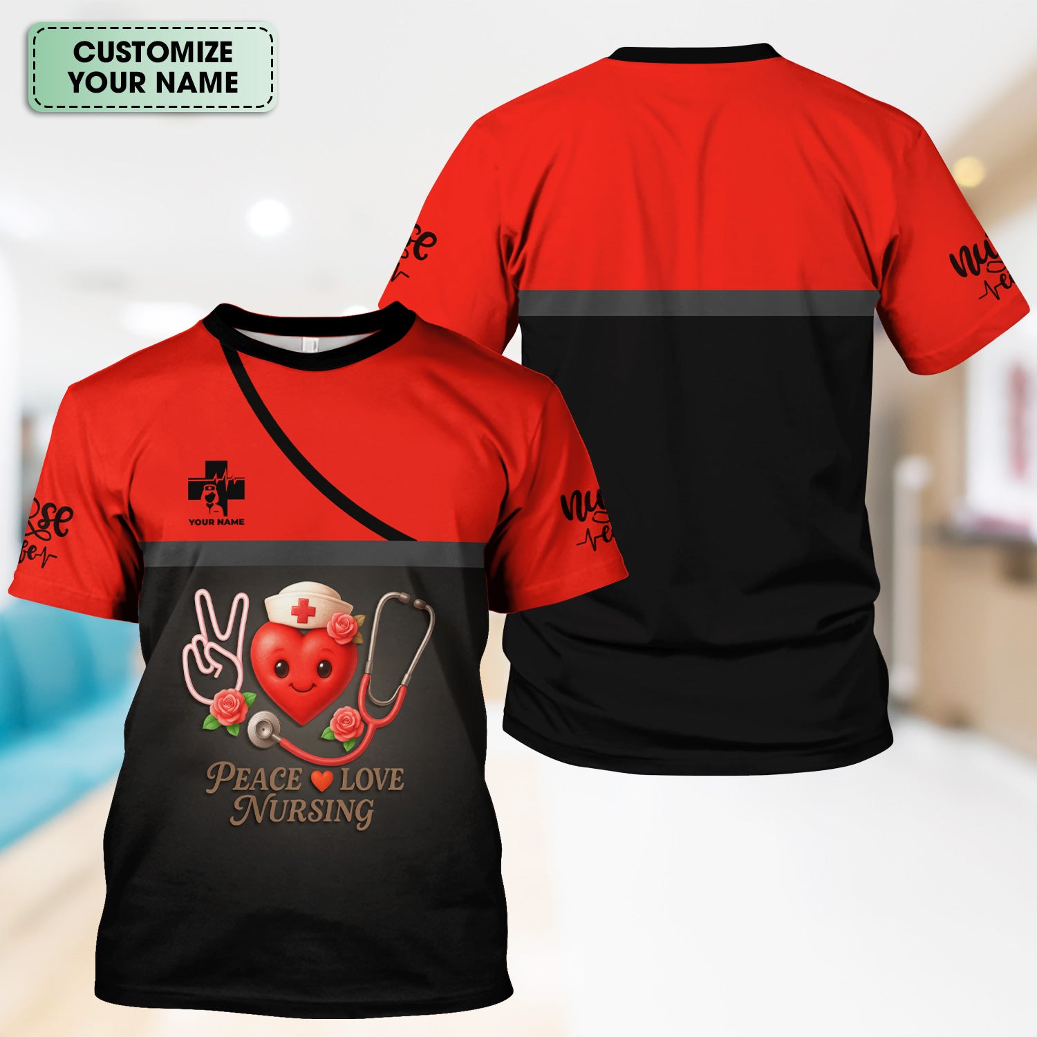 Personalized Nurse Scrubs with Heart Design - Peace Love Nursing - Custom RN CNA LPN Scrubs Gift for Women