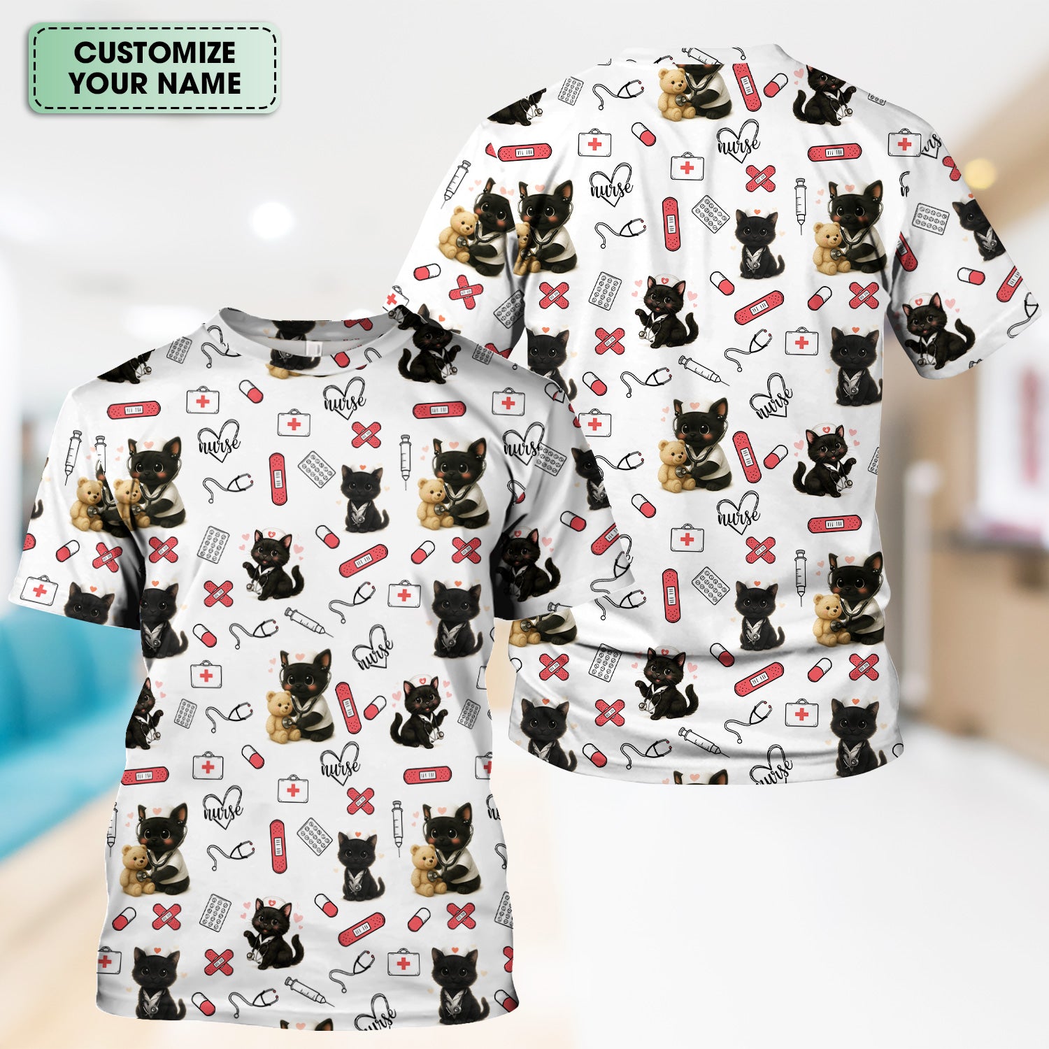 Cute Black Cat Nurse Scrub Top for RN CNA LPN - Funny Kitty Medical Pattern Uniform - Gift for Cat Loving Healthcare Women
