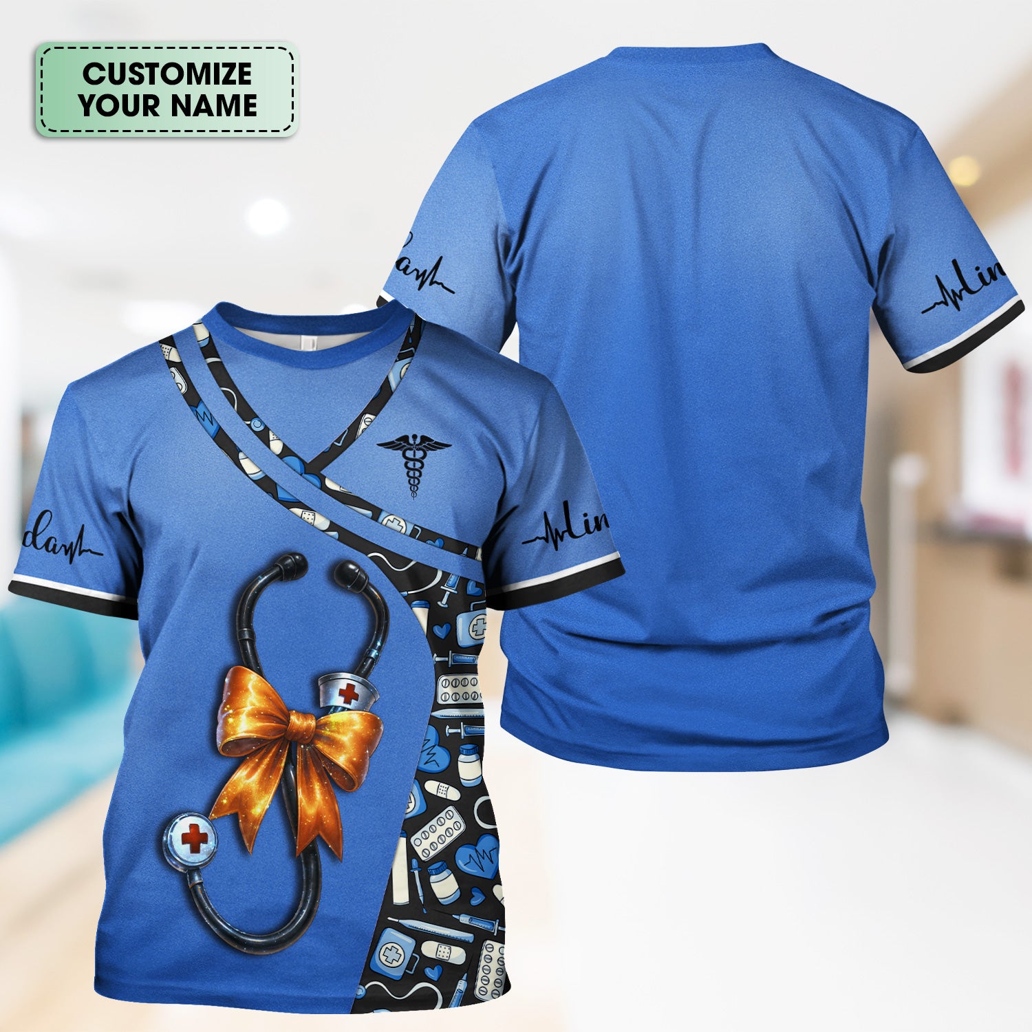 Personalized Nurse Scrub Shirt for Halloween - Medical Costume with Stethoscope Bow Design - Custom Gift for RN LPN CNA Night Shift Workers