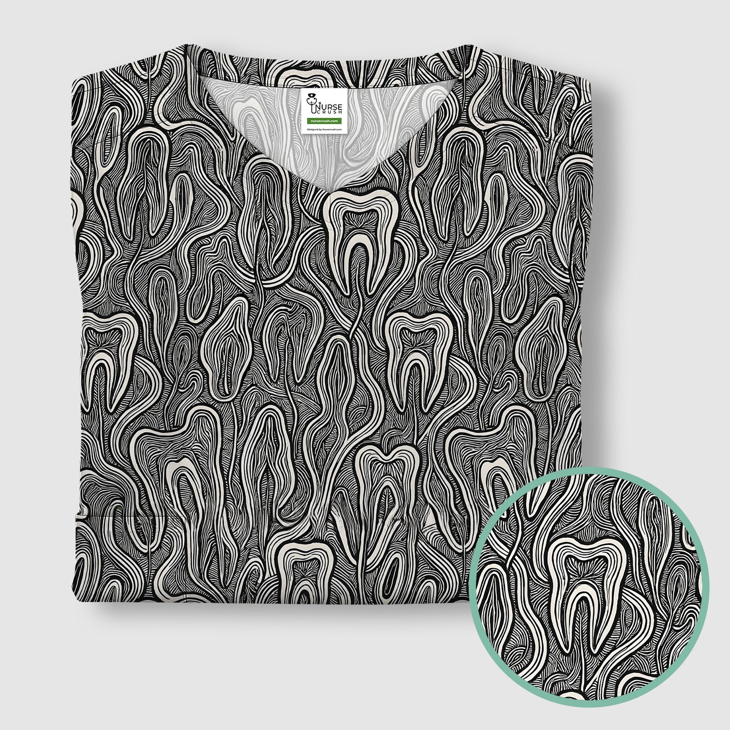 Dental Tooth Line Art Pattern Scrub Top, Breathable Fabrics Nursing Uniform