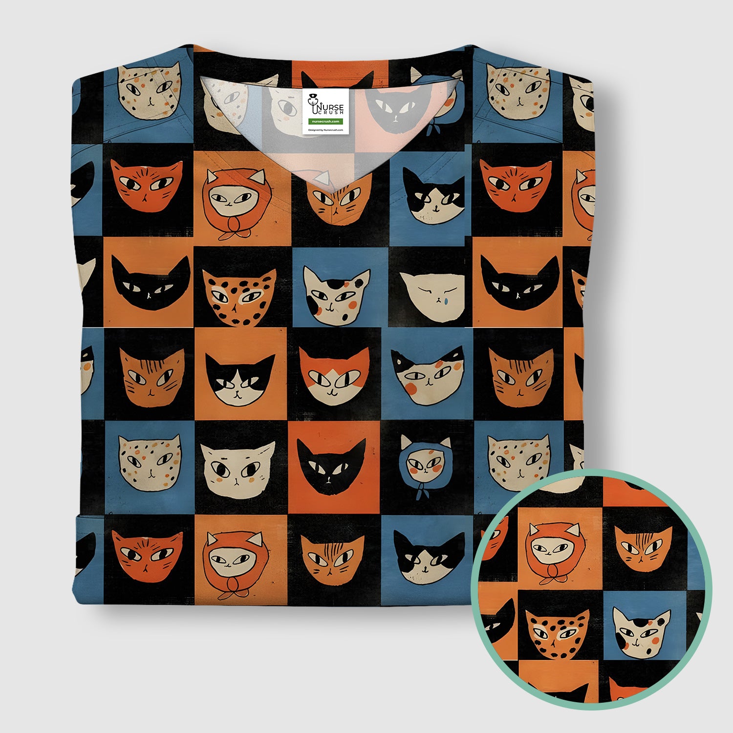 Cute Retro Cat Faces Checkerboard Print Scrub Top, Comfortable Scrubs For Nurses