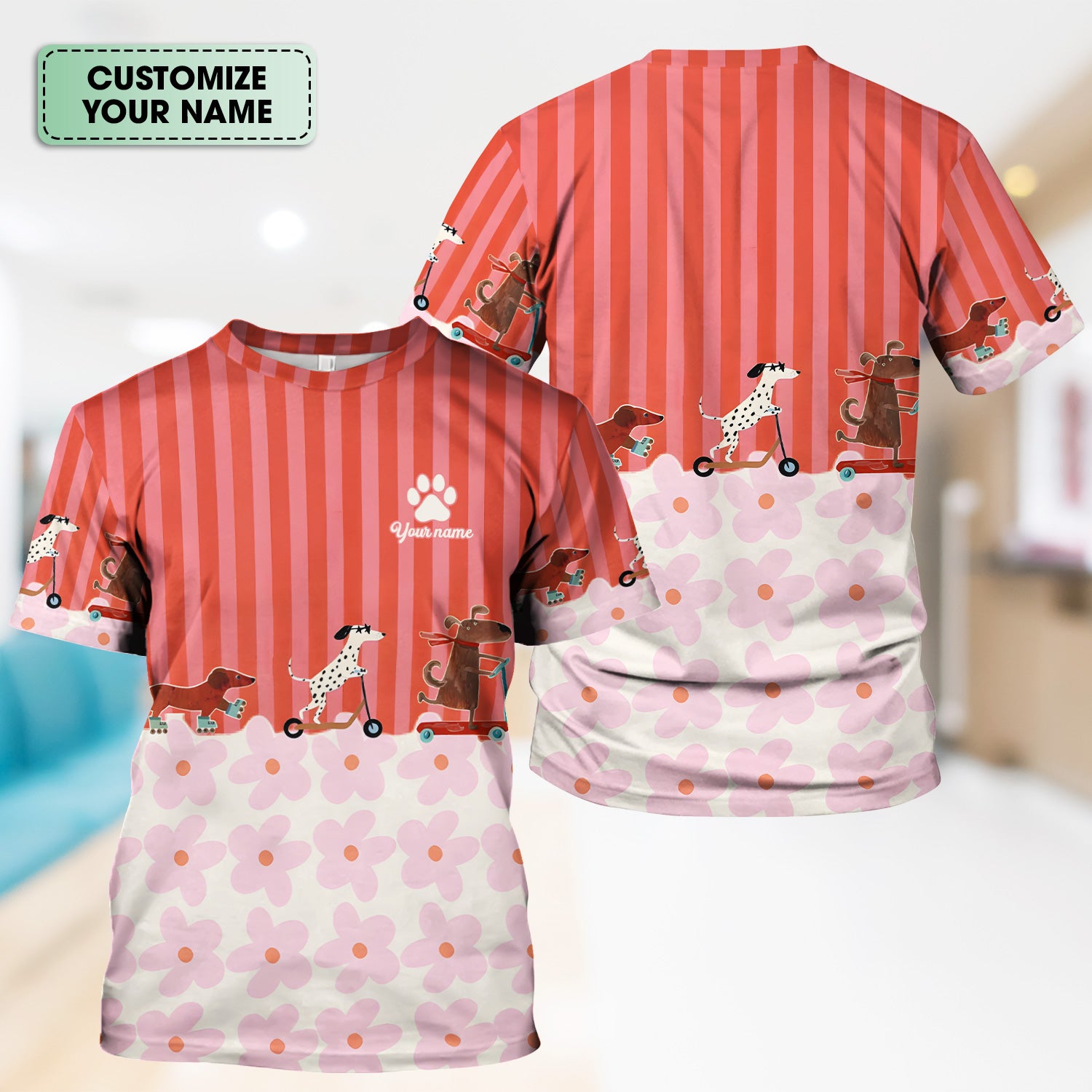 Personalized Cute Dog Roller Skate Flower Pattern Scrub Top, Comfortable Scrubs for Nurses