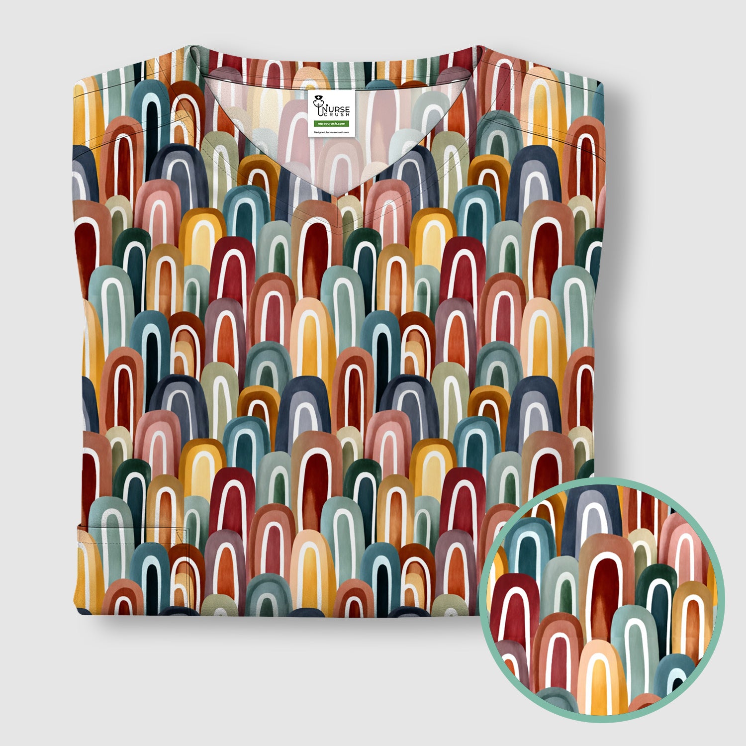Retro Boho Rainbow Arch Pattern Scrub Top, Colorful Geometric Nursing Uniform for Women