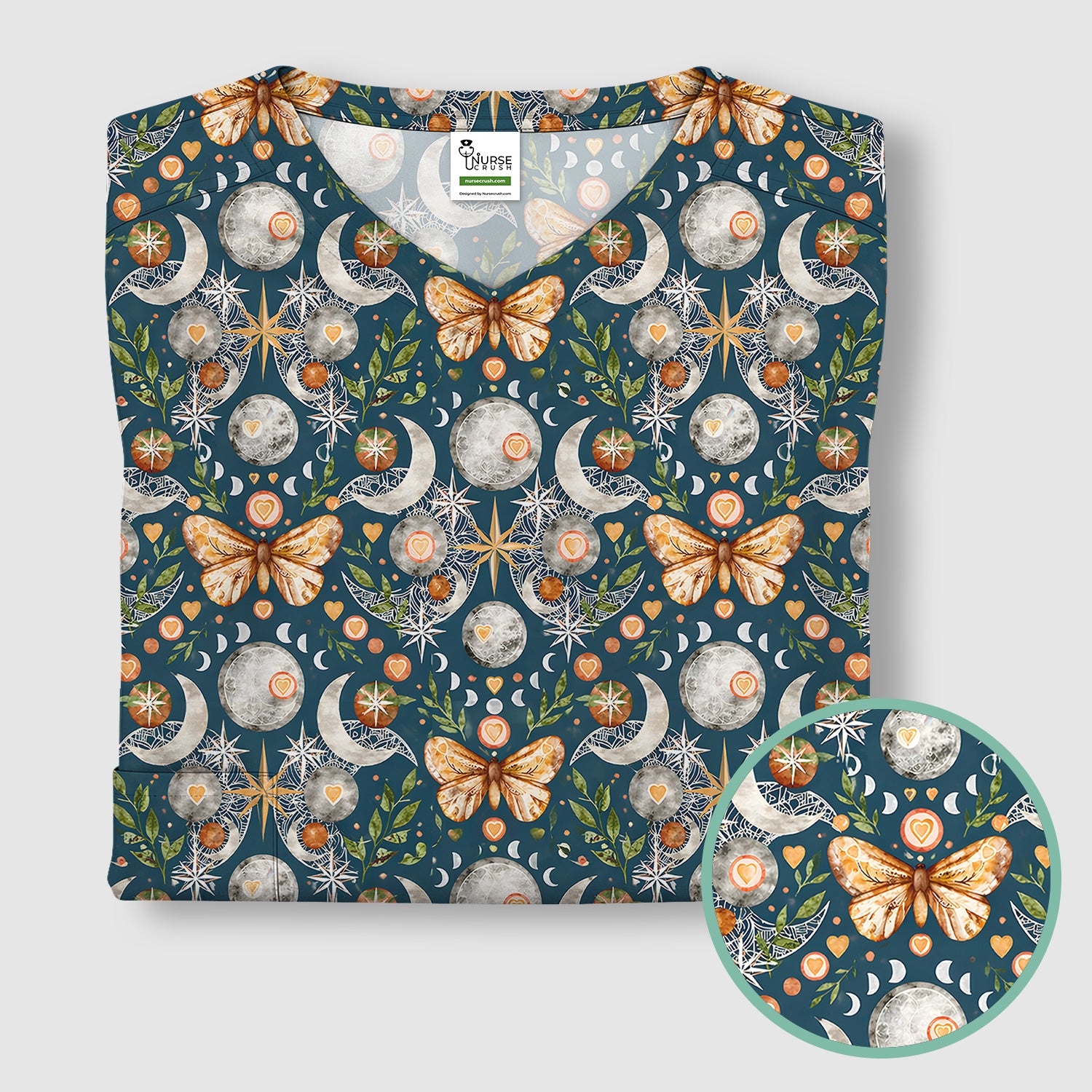 Celestial Butterfly Moonlight Pattern Scrub Top, Comfortable Scrubs for Nurses