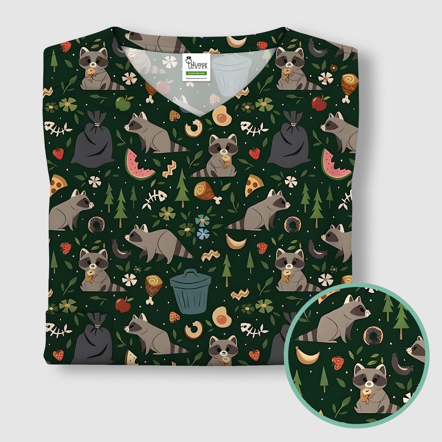 Cute Raccoon Forest Food Pattern Scrub Top, Breathable Fabrics Nursing Uniform