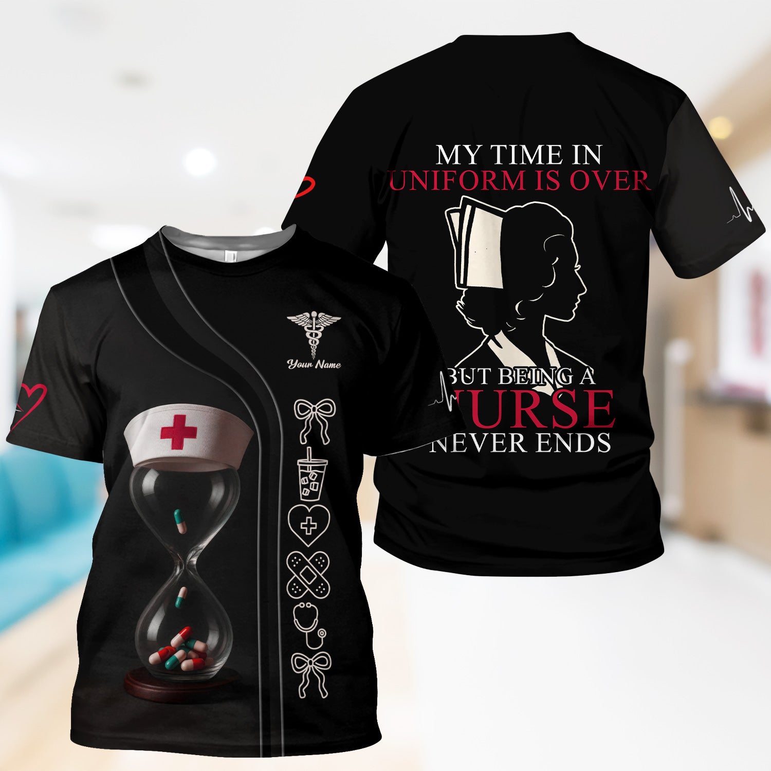 Personalized Retired Nurse Scrub Top - My Time In Uniform Is Over Quote - Custom Name Gift for RN CNA LPN