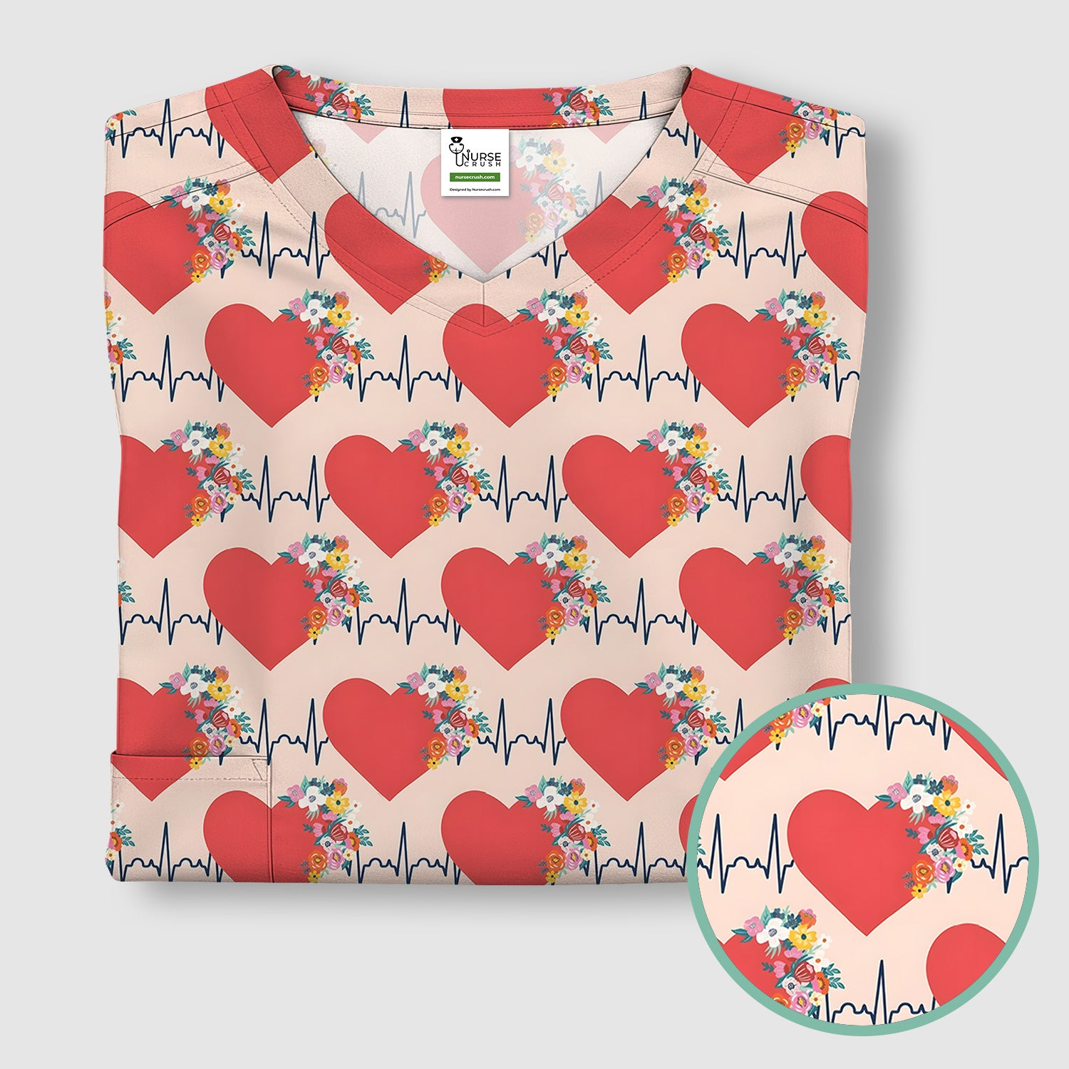 Nurse Heartbeat Floral Pattern Scrub Top, Comfortable Scrubs for Nurses