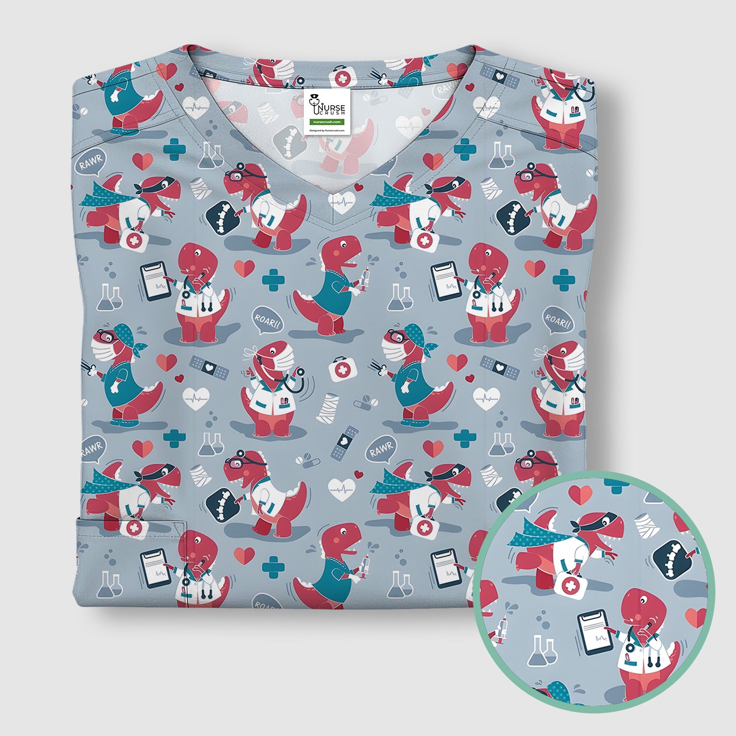 Cute Dinosaur Doctor Medical Pattern Scrub Top, Breathable Fabrics Nursing Uniform