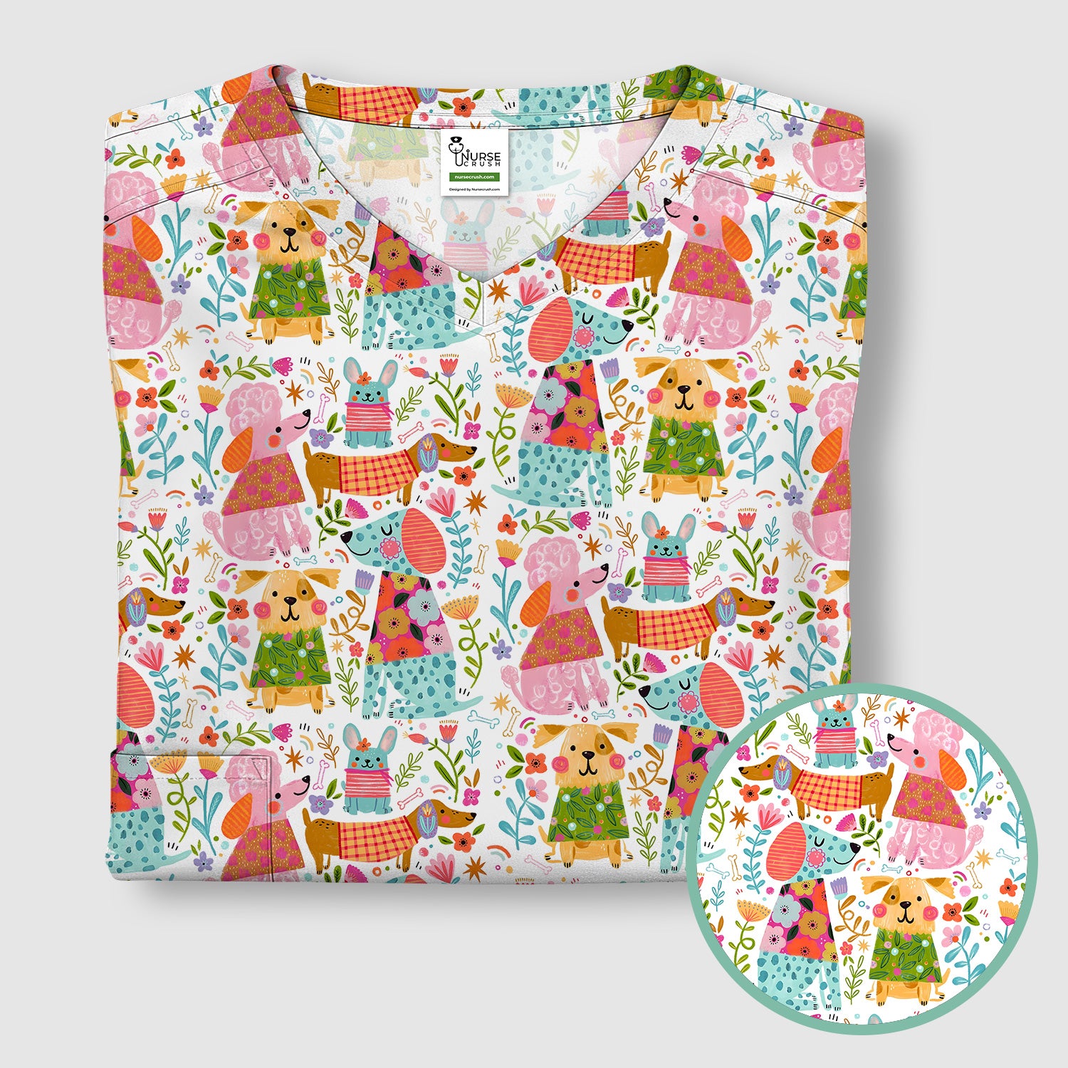 Cute Colorful Dog Floral Cartoon Pattern Scrub Top, Comfortable Scrubs For Nurses
