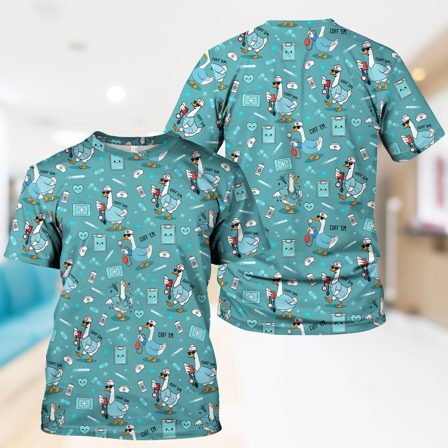Funny EMT Nurse Shirt - Cuff 'Em Quote & Goose Nurse Pattern Tee - Gift for Paramedics & EMS Professionals