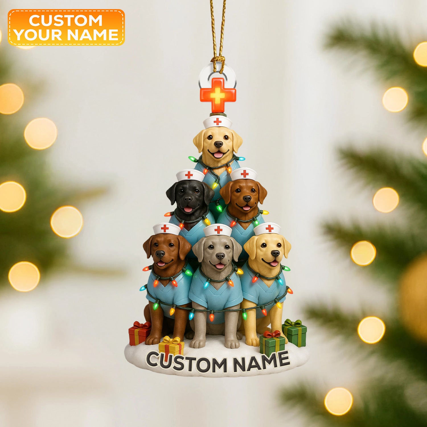 Personalized Nurse Dogs Christmas Tree Ornament – Custom Name Labrador Puppy Stack Holiday Decor – Cute Medical Dog Ornament for Nurses, Vets & Pet Lovers