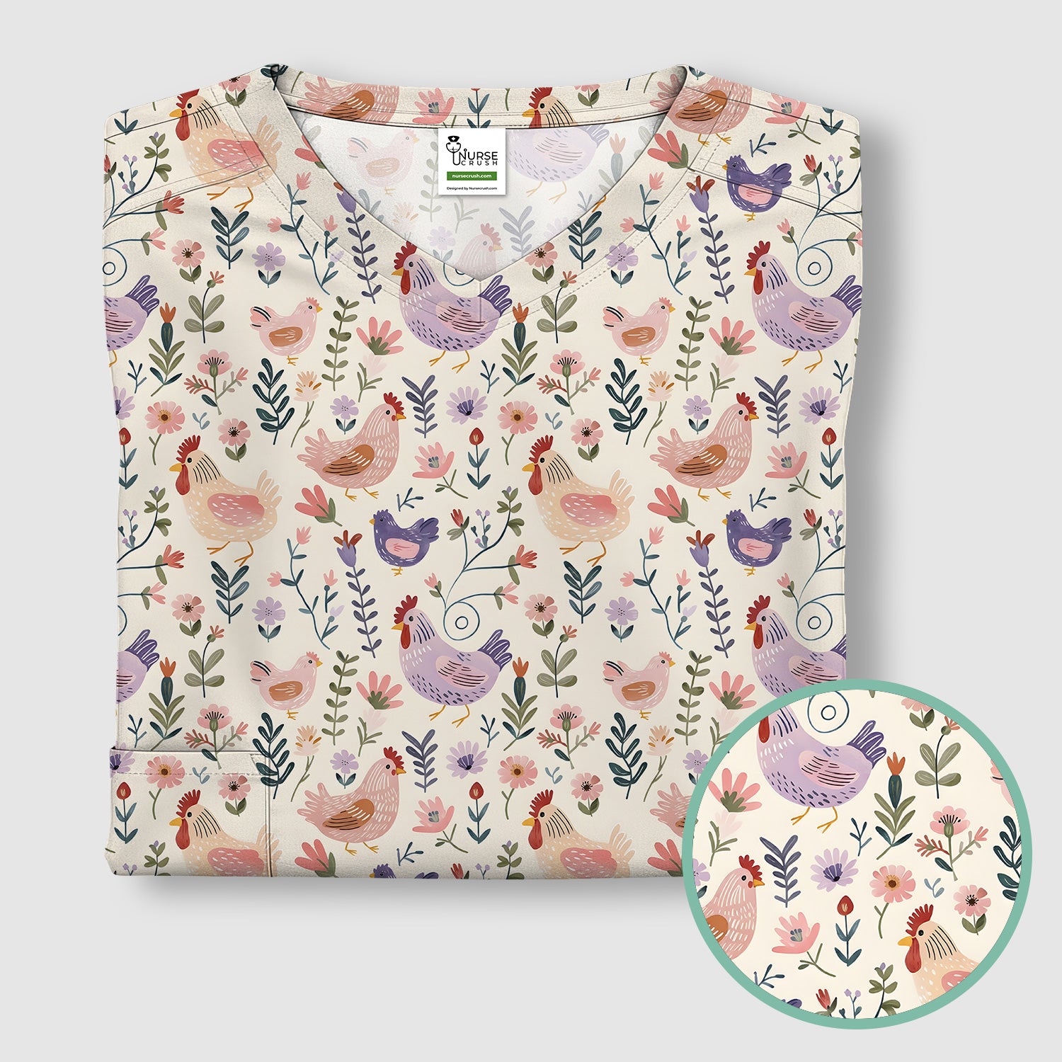 Cute Farm Chicken Floral Garden Pattern Scrub Top, Comfortable Scrubs for Nurses