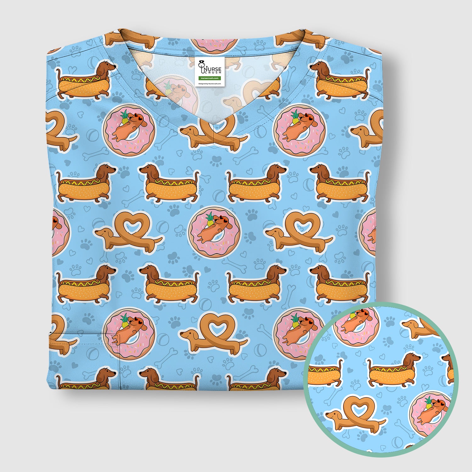 Cute Dachshund Donut Heart Pattern Scrub Top, Comfortable Scrubs For Nurses