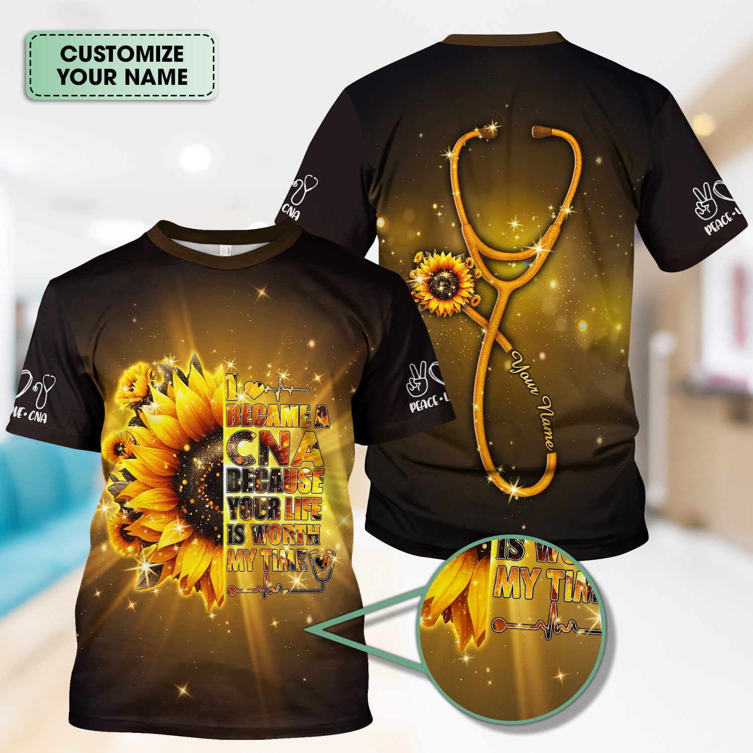Personalized CNA Sunflower Scrub Top - Your Life Is Worth My Time Design - Gift for RN LPN Healthcare Workers