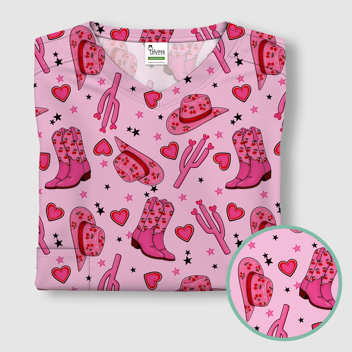 Pink Cowgirl Western Boots Hat Pattern Scrub Top, Breathable Medical Uniform Top