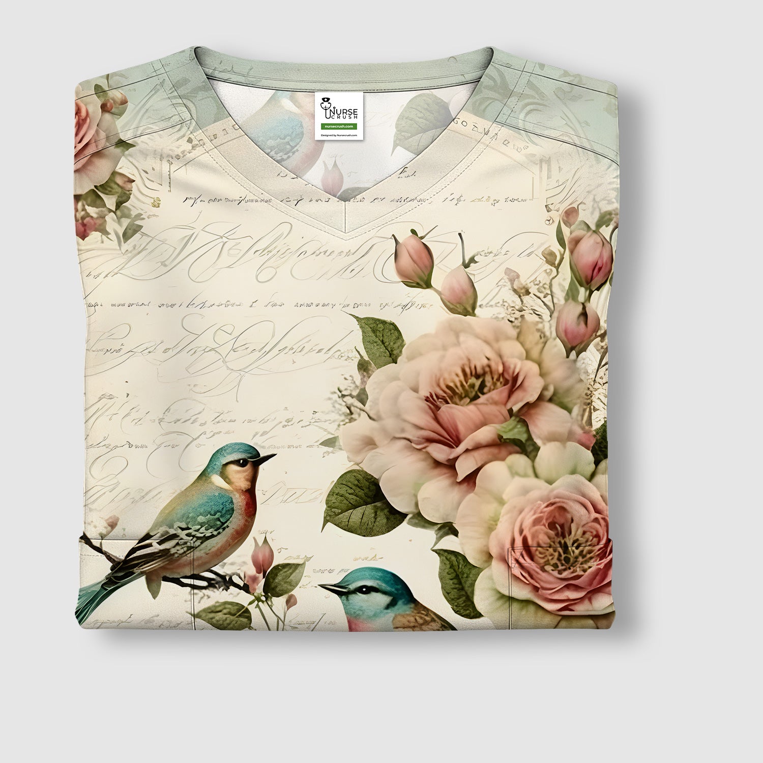 Vintage Birds Rose Pattern Scrub Top, Comfortable Scrubs for Nurses