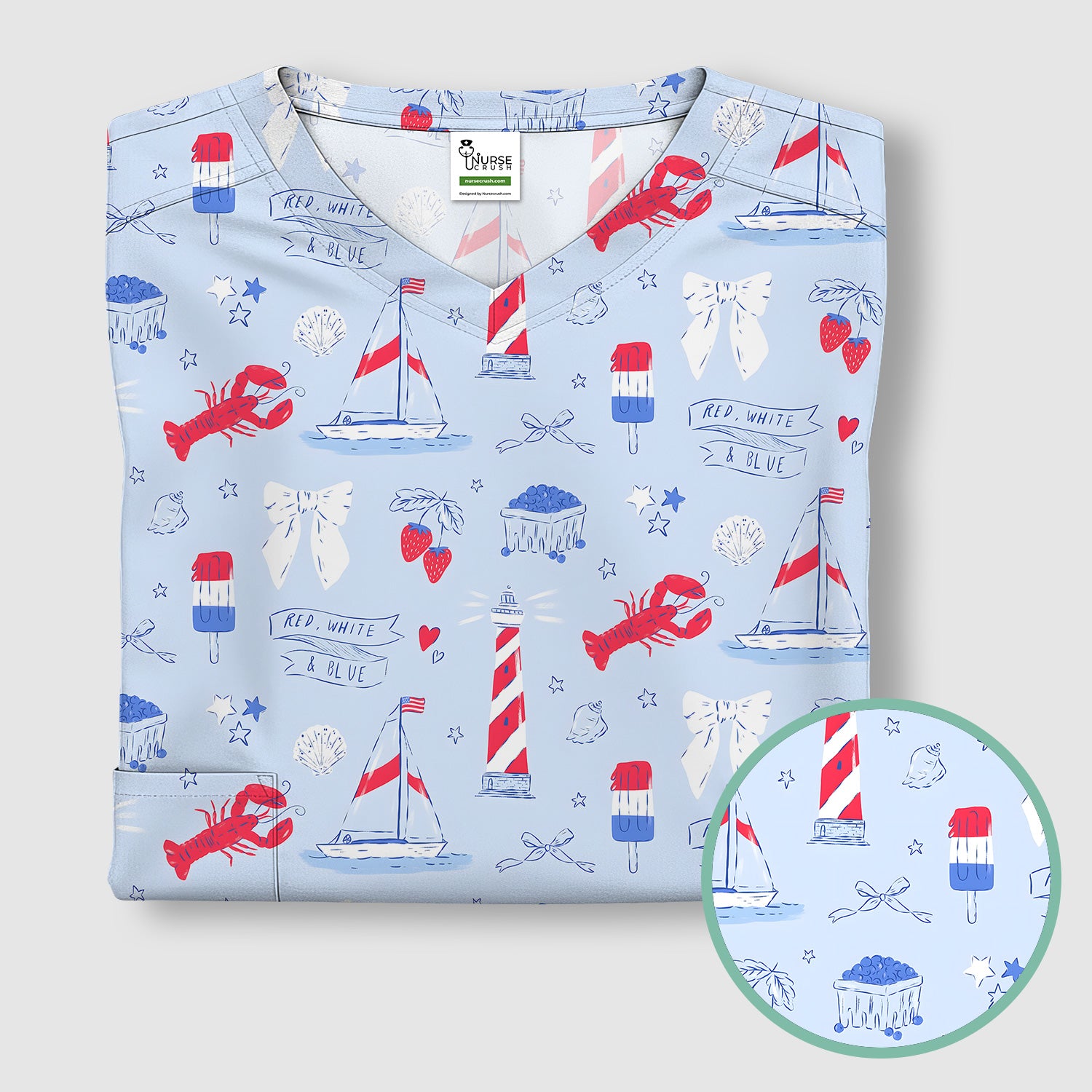 Lobster Lighthouse Sailboat Pattern Scrub Top, Comfortable Scrubs for Nurses