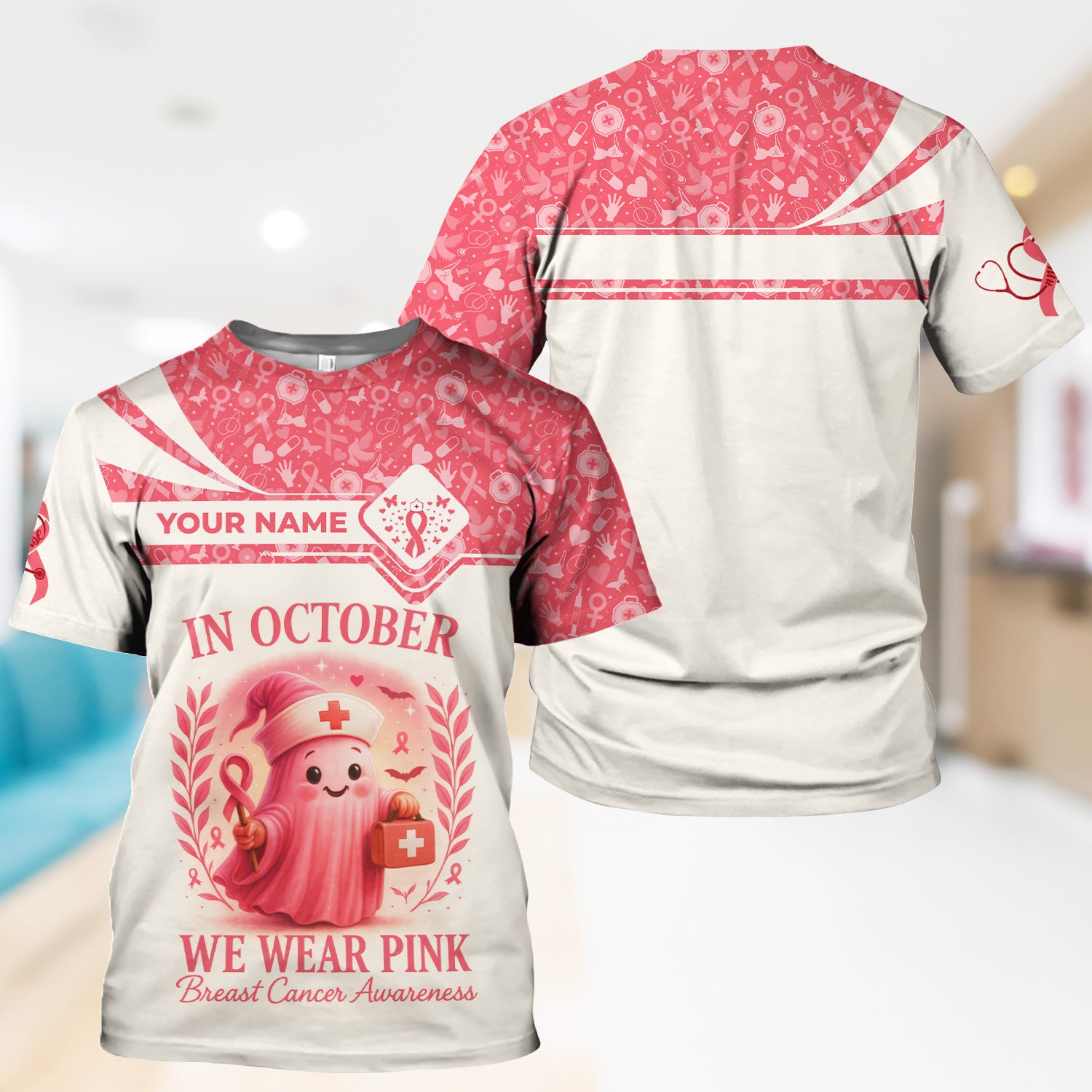 Personalized In October We Wear Pink Shirt - Breast Cancer Awareness Scrub Top - Cute Nurse Uniform Tee with Custom Name