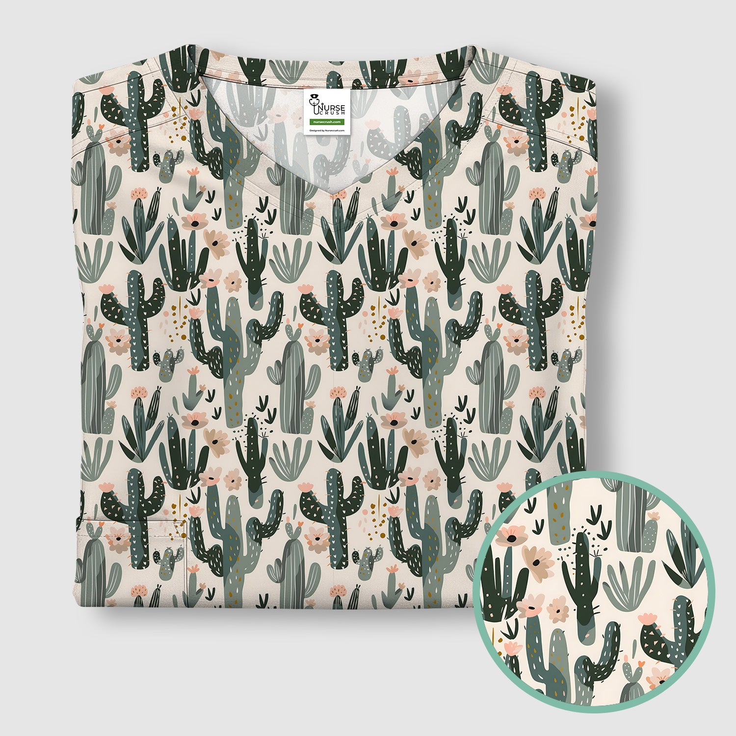 Green Cactus Desert Blossom Pattern Scrub Top, Comfortable Scrubs for Nurses