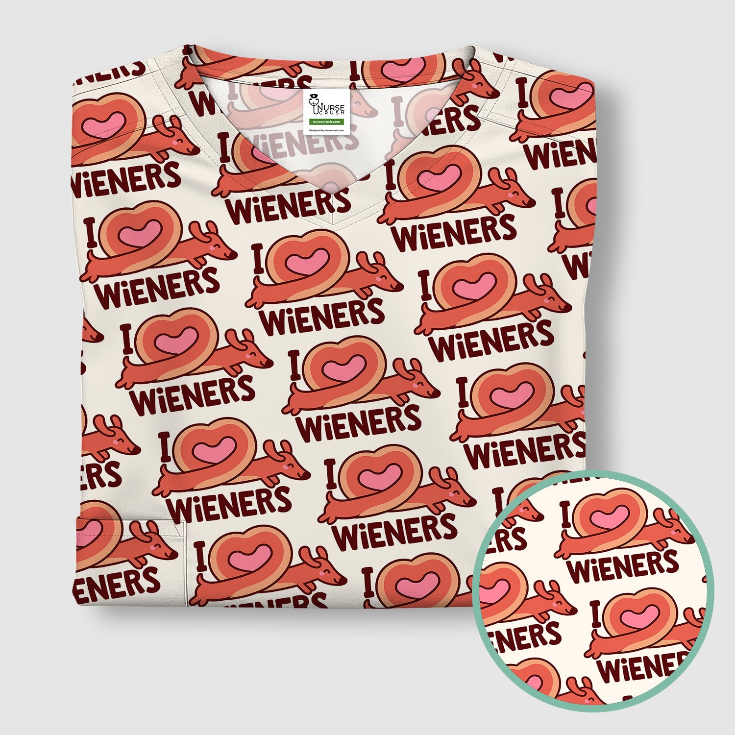 I Love Wieners Dachshund Heart Pattern Scrub Top, Comfortable Scrubs For Nurses