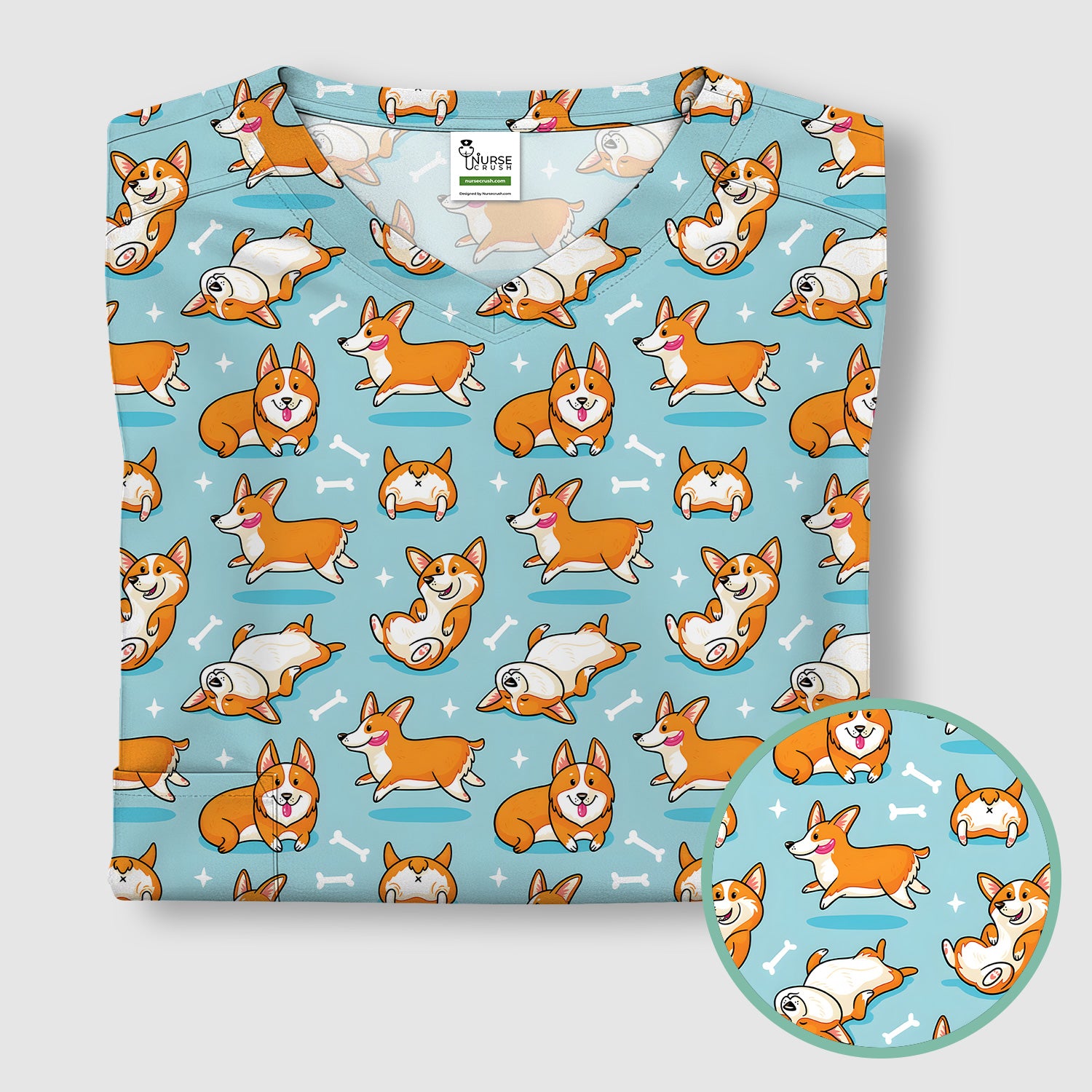 Corgi Dog Playing Rolling Bone Pattern Scrub Top, Breathable Fabrics Nursing Uniform