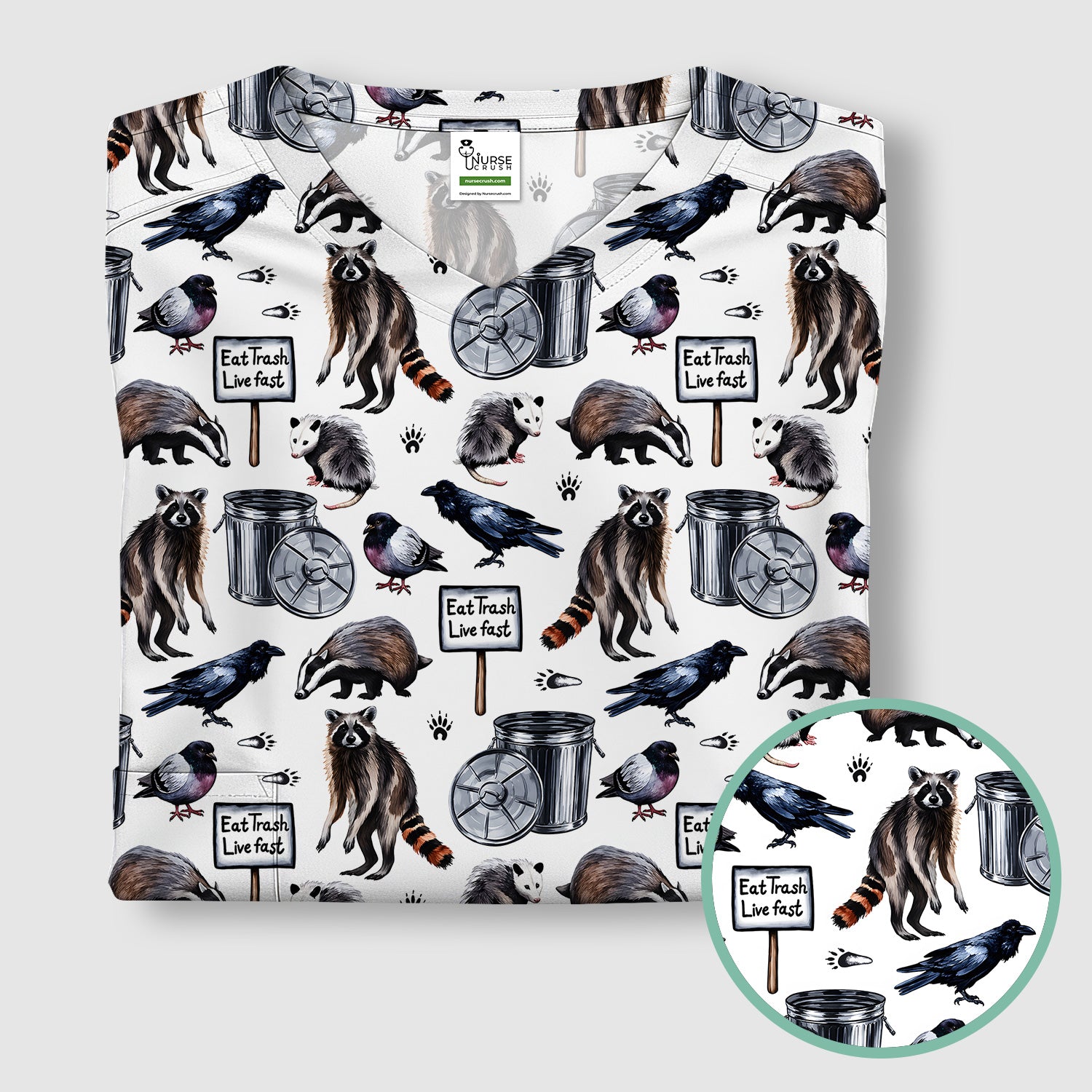 Raccoon And Opossum Eat Trash Live Fast Scrub Top, Breathable Fabrics Nursing Uniform