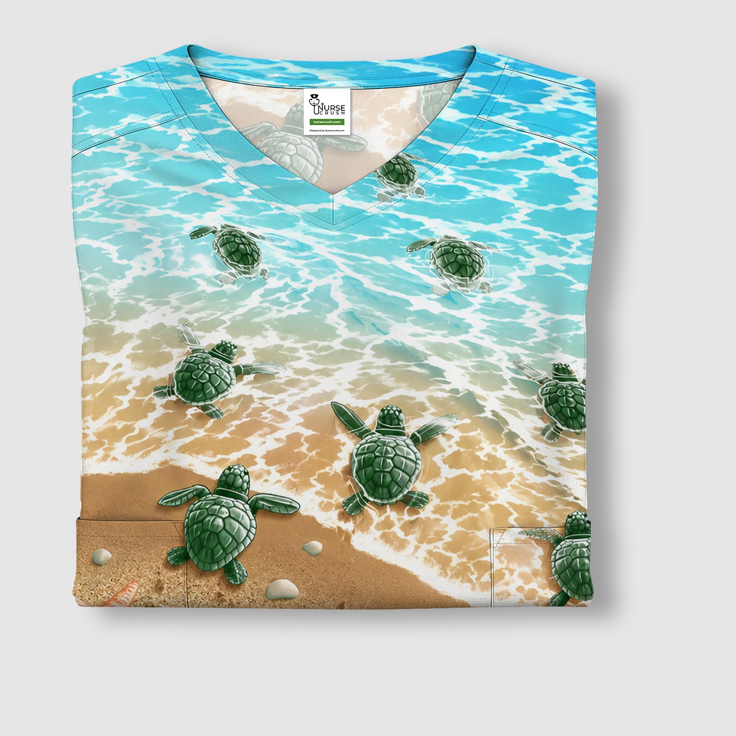 Coastal Sea Turtle Beach Pattern Scrub Top, Comfortable Scrubs for Nurses