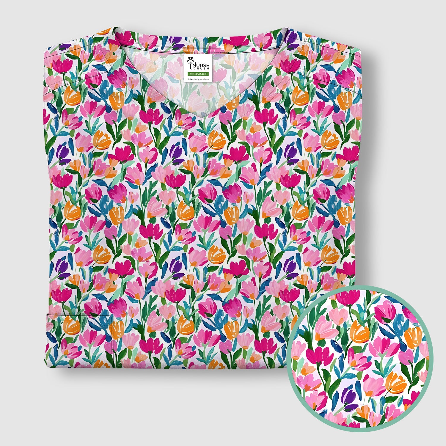 Vibrant Tulip Meadow Pattern Scrub Top, Breathable Fabrics Nursing Uniform