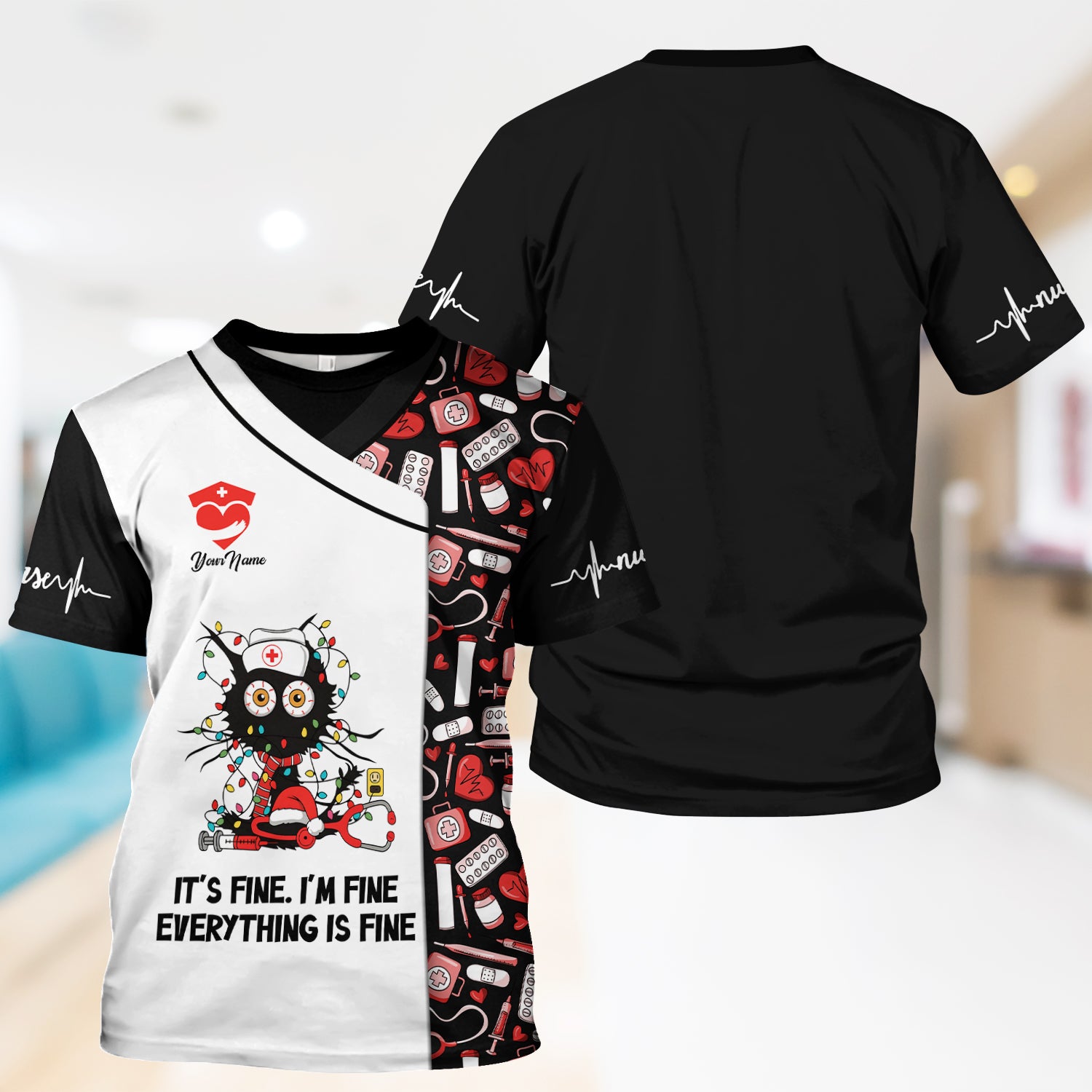 Custom Funny Nurse Christmas Scrub Top - Everything Is Fine Sarcastic Black Cat Design - Holiday Gift for Women RN LPN ER