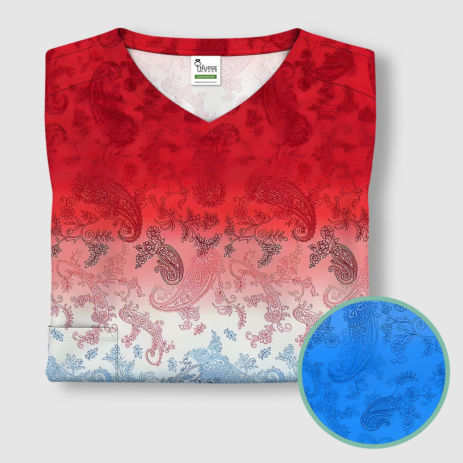 Red Blue Paisley Ombre Pattern Scrub Top, Comfortable Scrubs for Nurses
