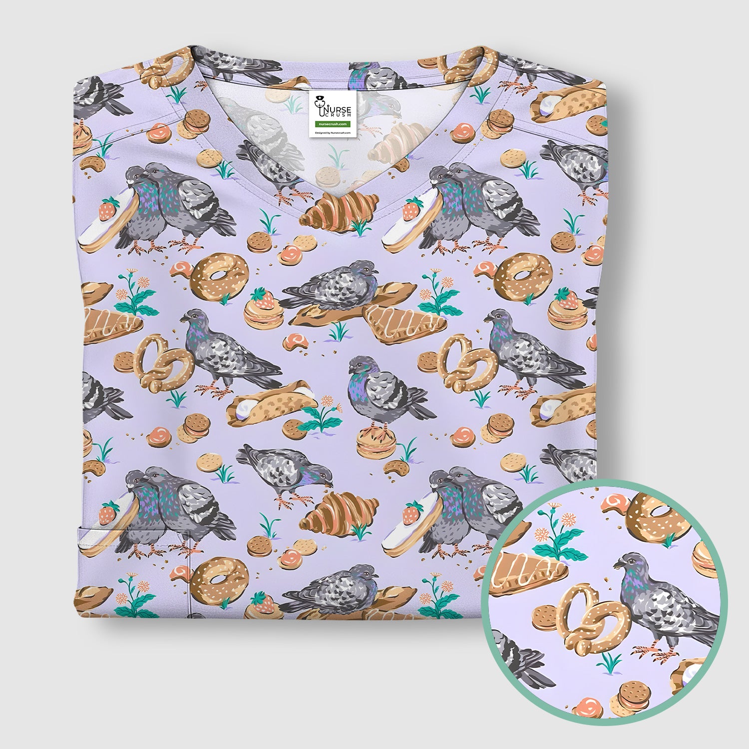 Funny Pigeon Bread Snack Nurse Pattern Scrub Top, Comfortable Scrubs for Nurses
