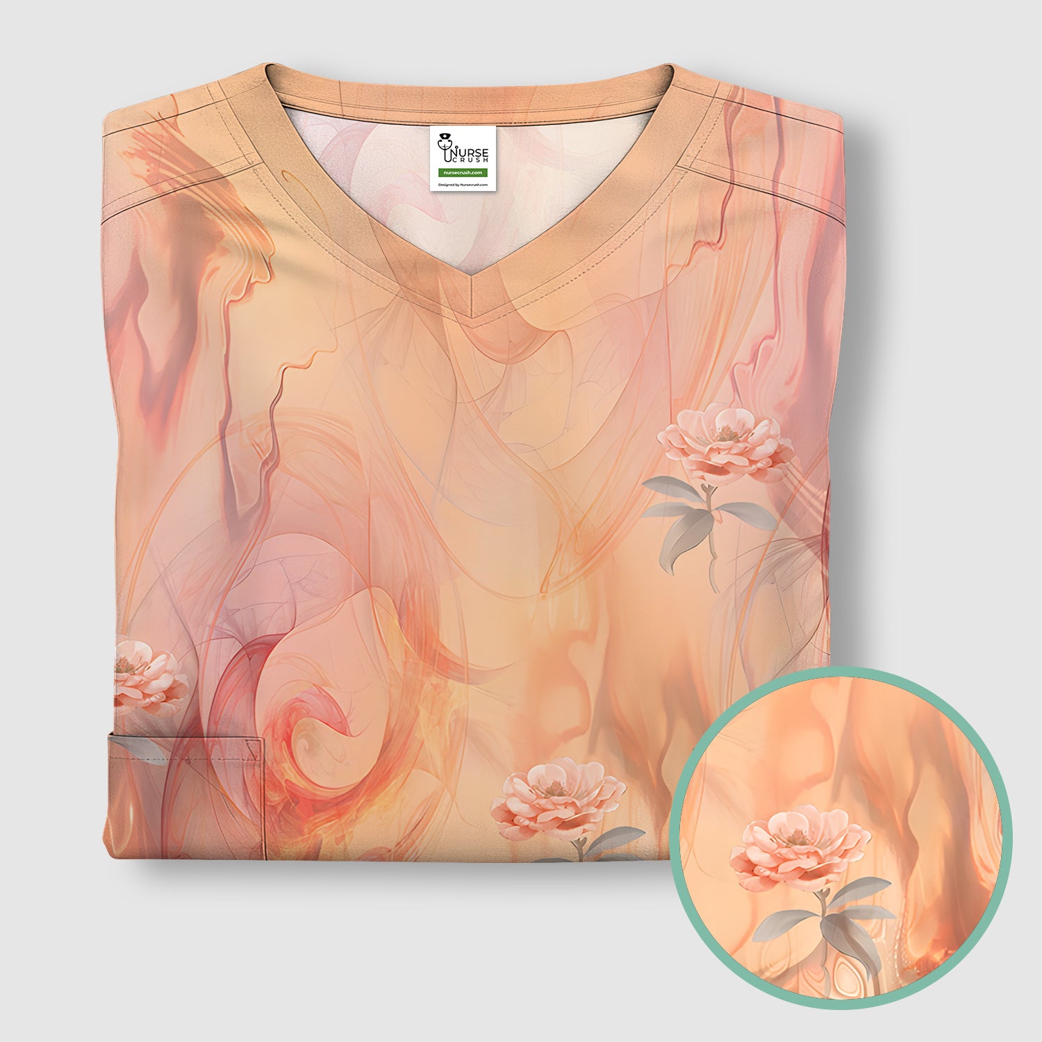Elegant Peach Marble Rose Pattern Scrub Top, Comfortable Scrubs for Nurses