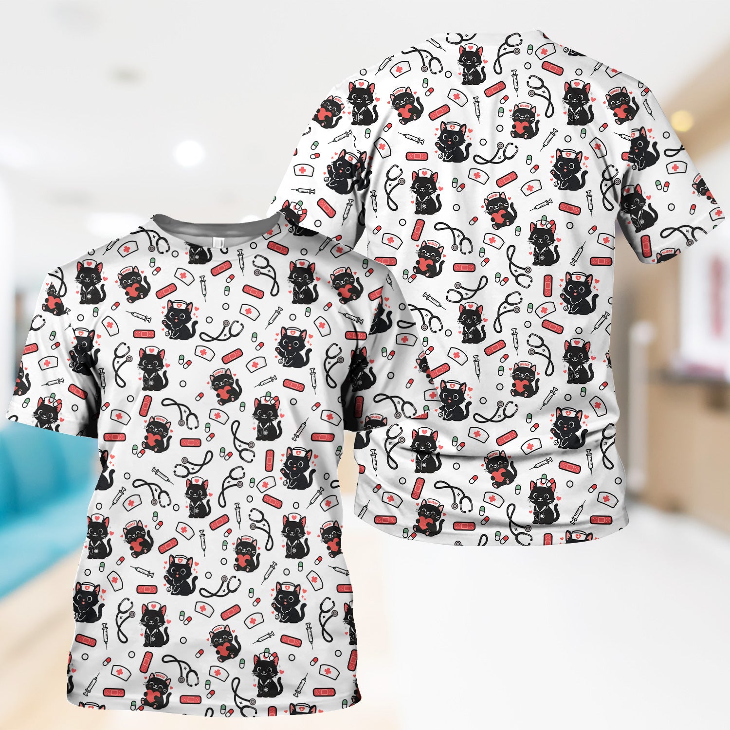 Cute Black Cat Nurse Scrub Top for Women - Medical Uniform Shirt with Stethoscope & Pill Print - Gift for CNA, LPN, Medical Worker