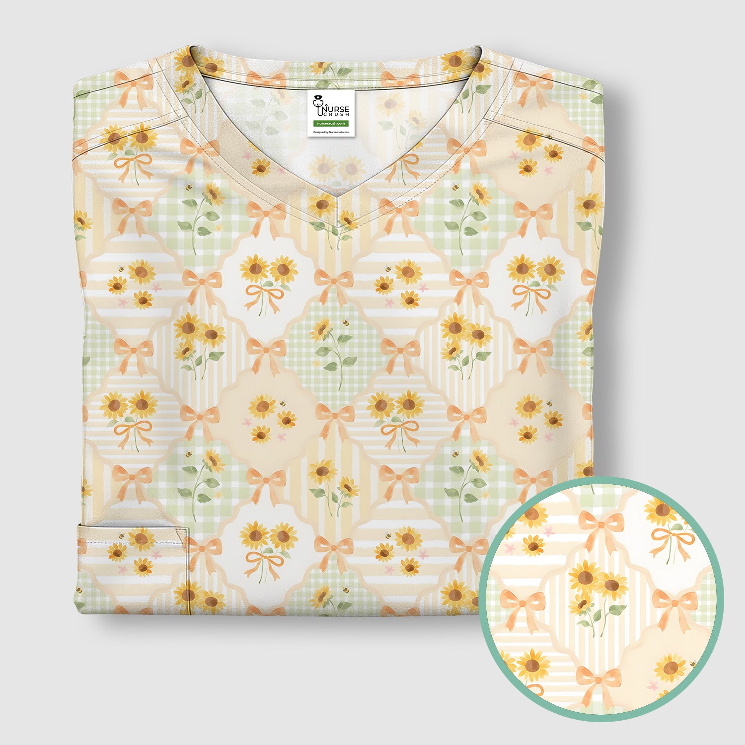 Cute Sunflower Ribbon Patchwork Pattern Scrub Top, Comfortable Scrubs for Nurses