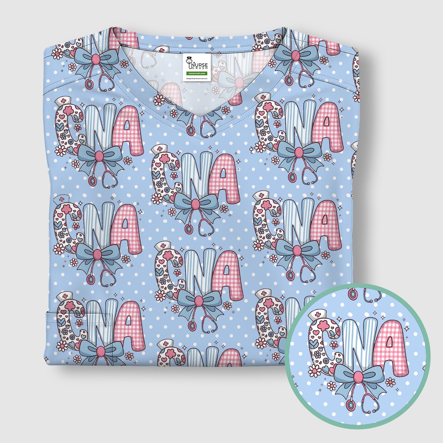 Cute CNA Floral Bow Pattern Scrub Top, Breathable Fabrics Nursing Uniform
