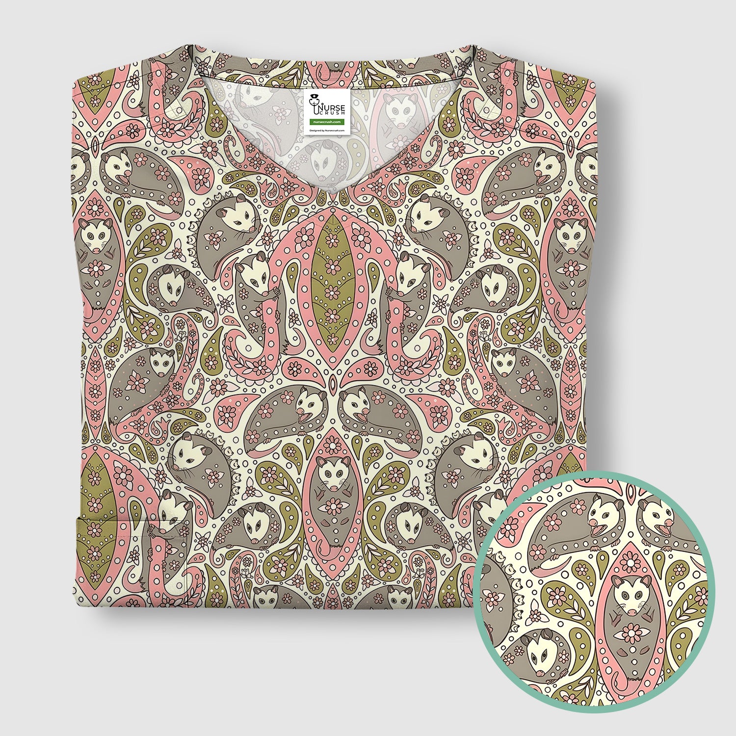 Opossum Paisley Pattern Scrub Top, Comfortable Scrubs for Nurses
