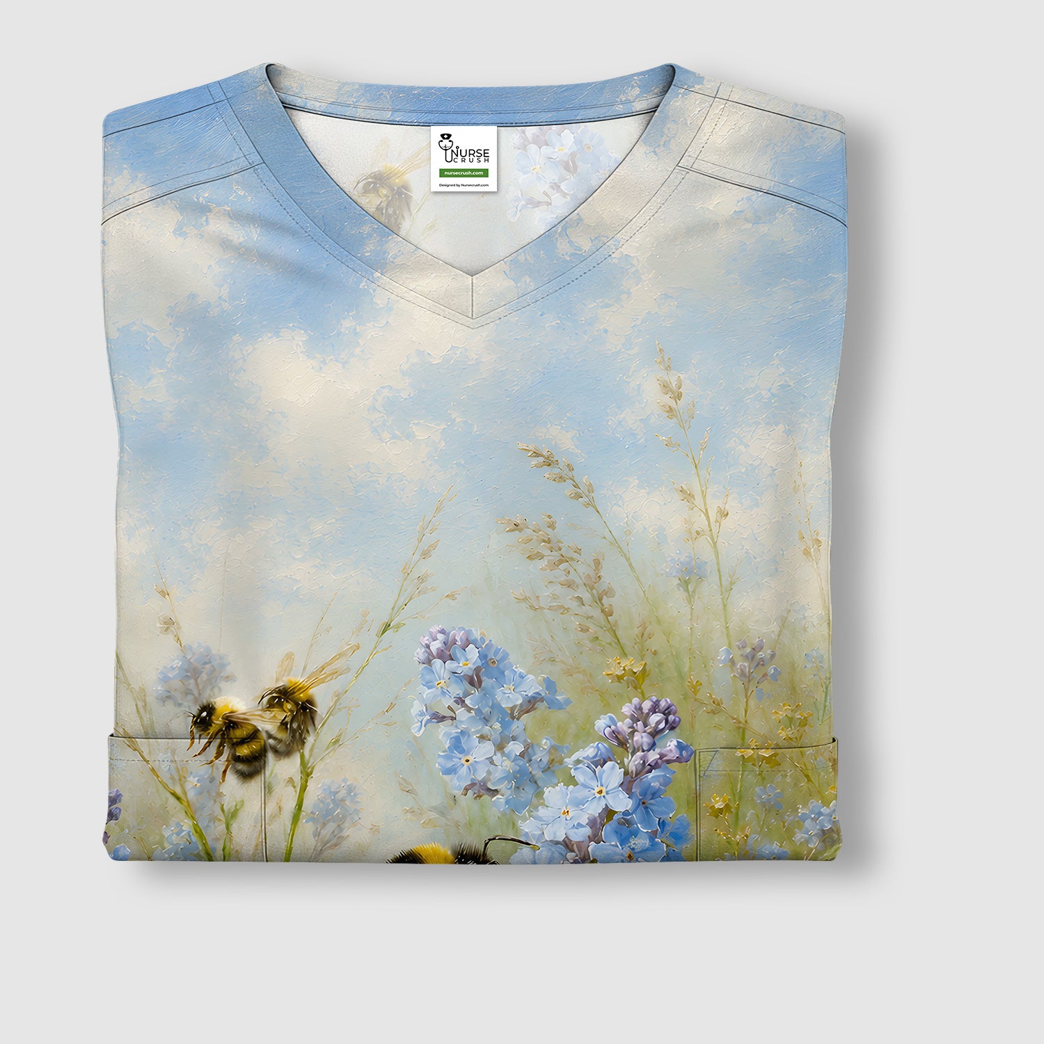 Whimsical Bumblebee Blue Blossom Pattern Scrub Top, Comfortable Scrubs for Nurses