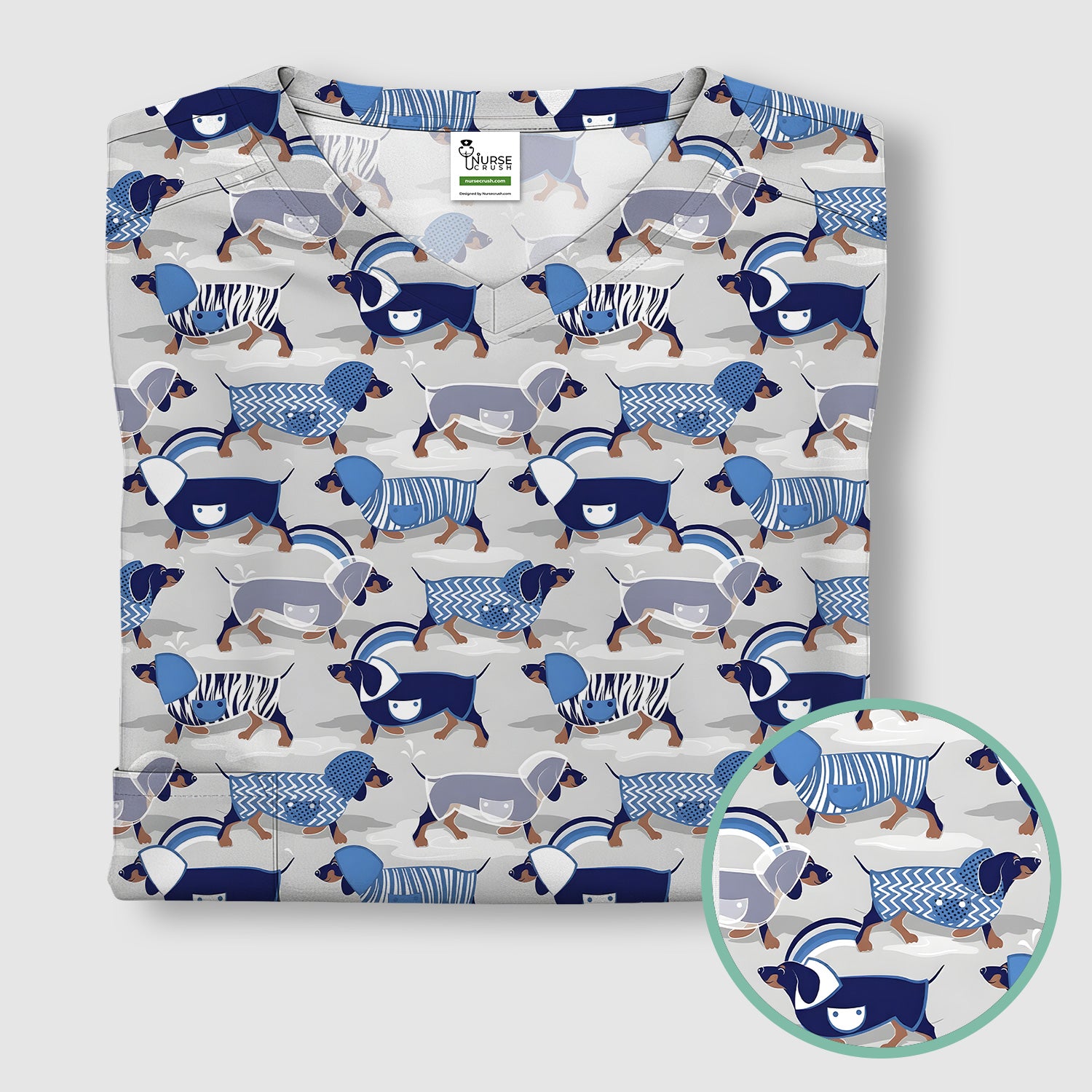 Cute Dachshund Raincoat Parade Pattern Scrub Top, Comfortable Scrubs for Nurses