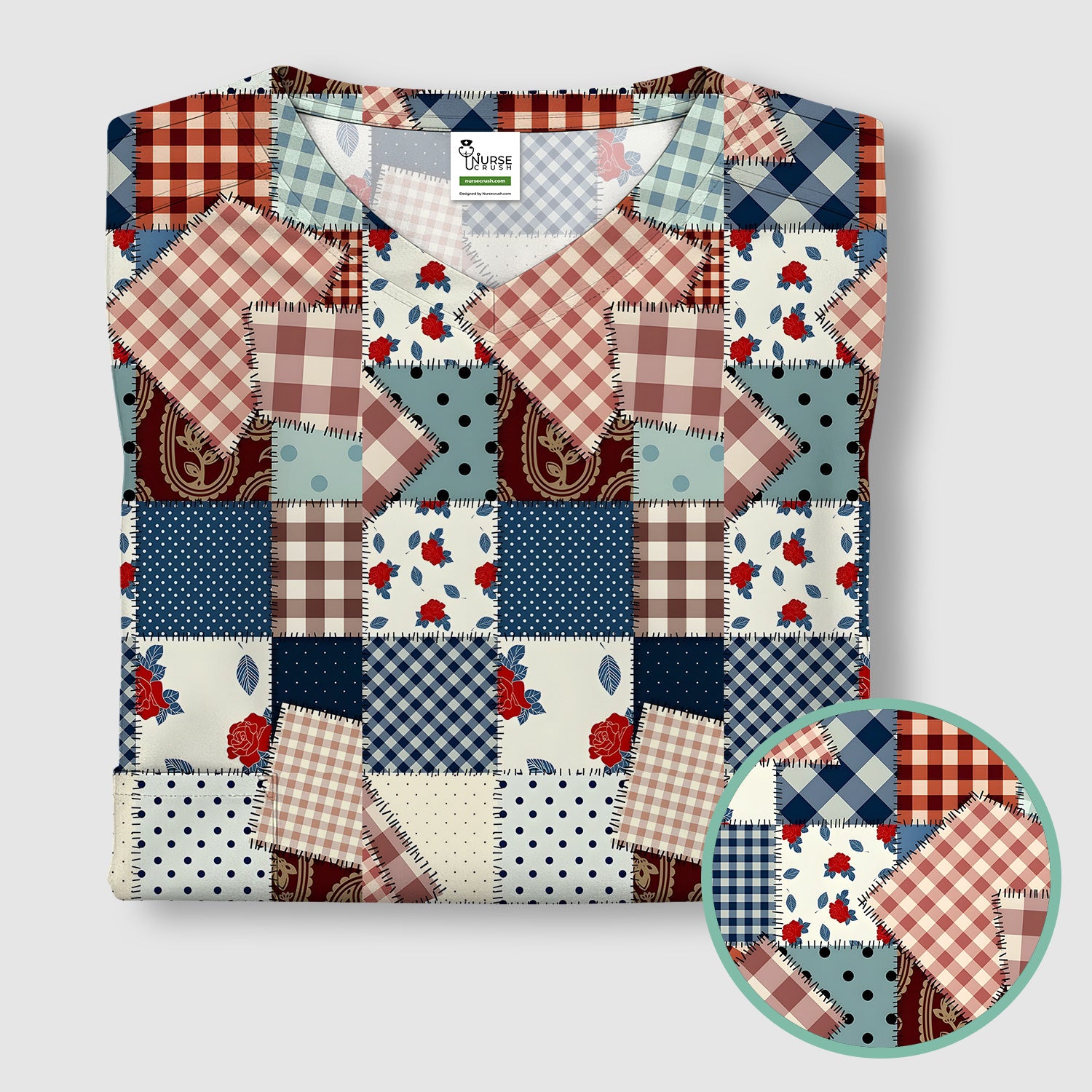 Retro Patchwork Plaid Quilt Pattern Scrub Top, Comfortable Scrubs for Nurses