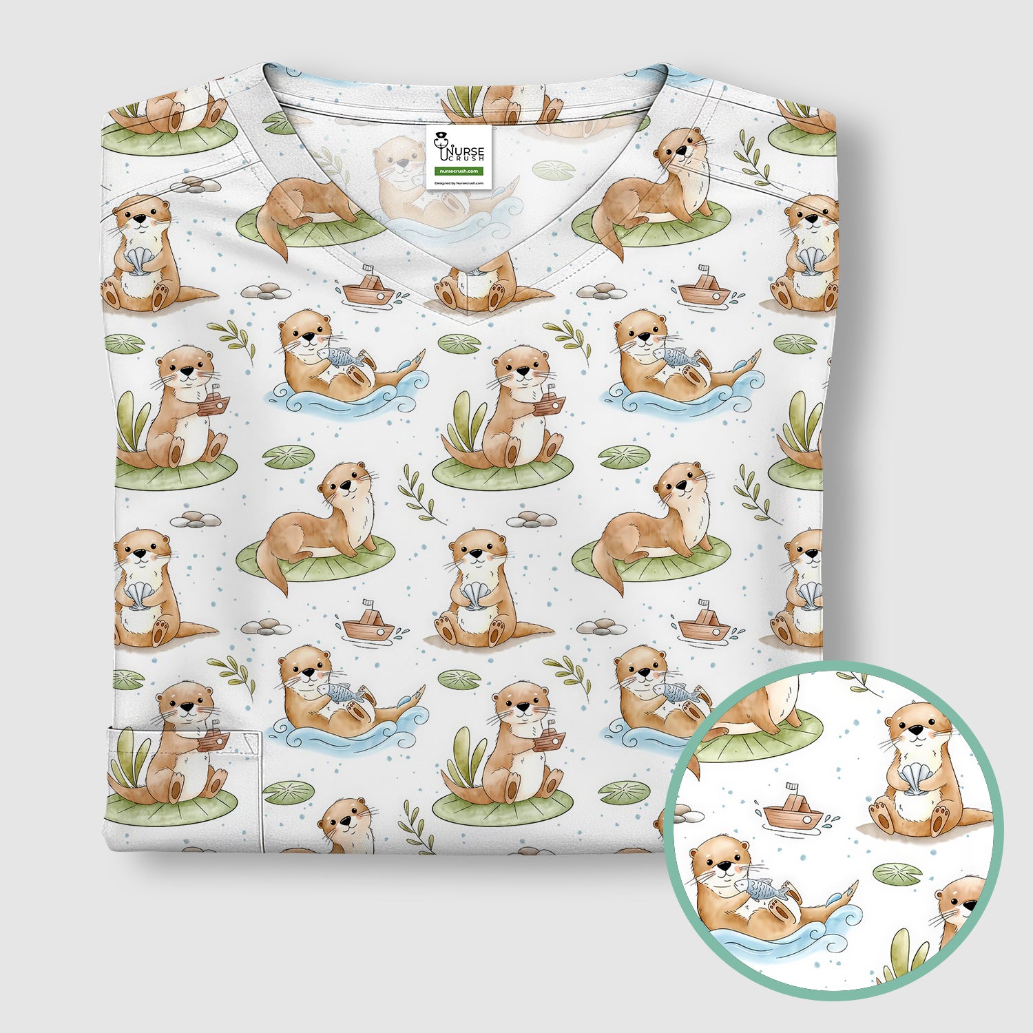Cute Otter With Lily Pad Pattern Scrub Top, Comfortable Scrubs for Nurses