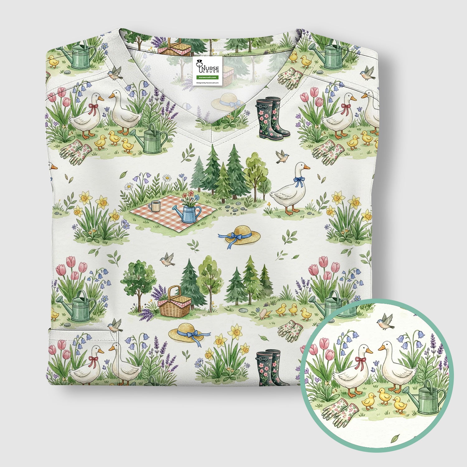 Cute Duck Garden Pattern Scrub Top, Spring Floral Countryside Nursing Uniform