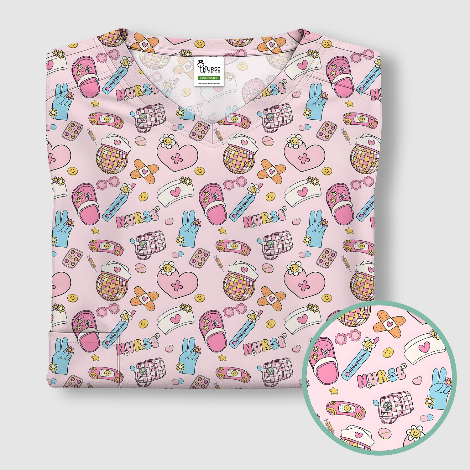 Cute Nurse Pink Medical Tools Pattern Scrub Top, Breathable Healthcare Uniform Top