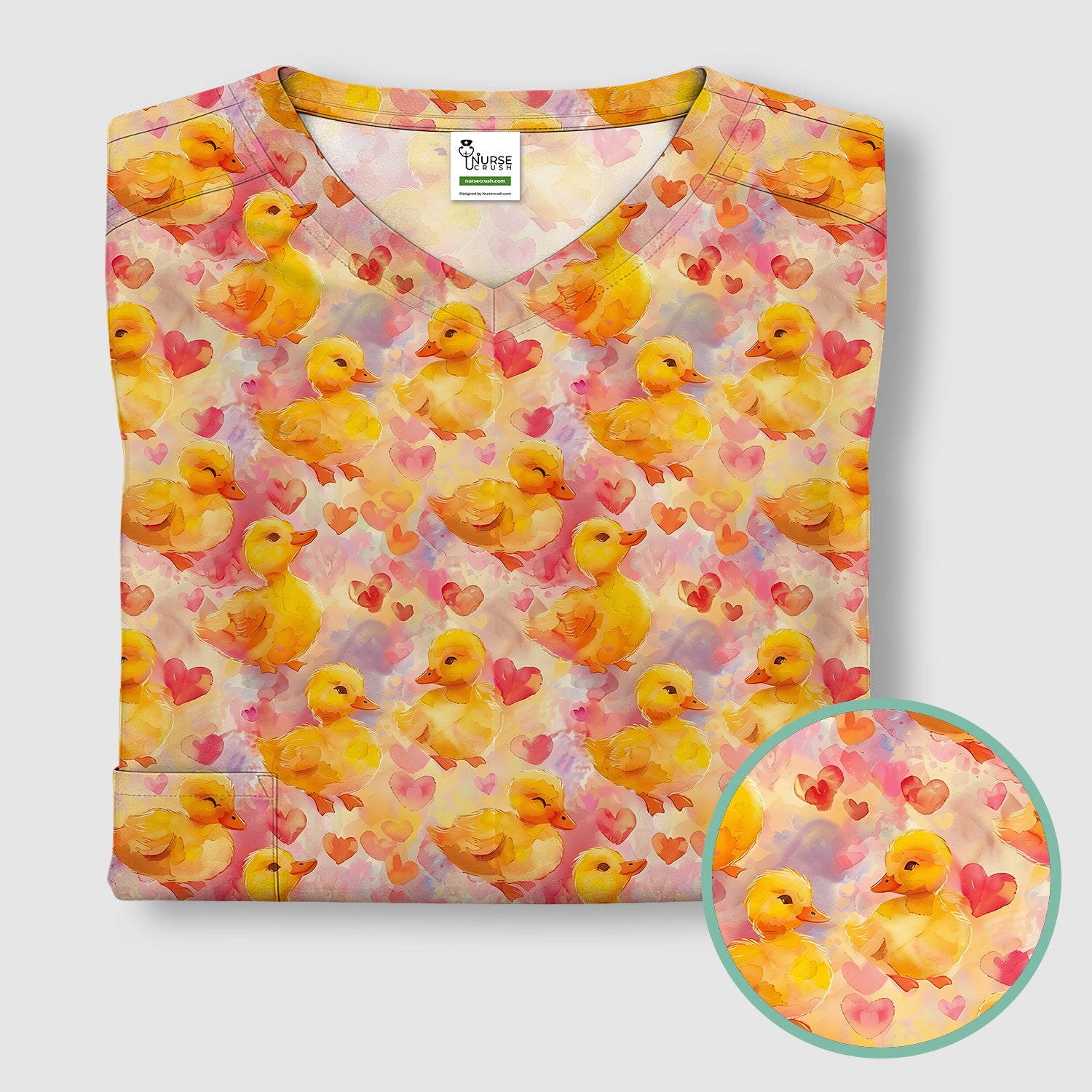 Cute Duck Heart Watercolor Pattern Scrub Top, Comfortable Scrubs for Nurses