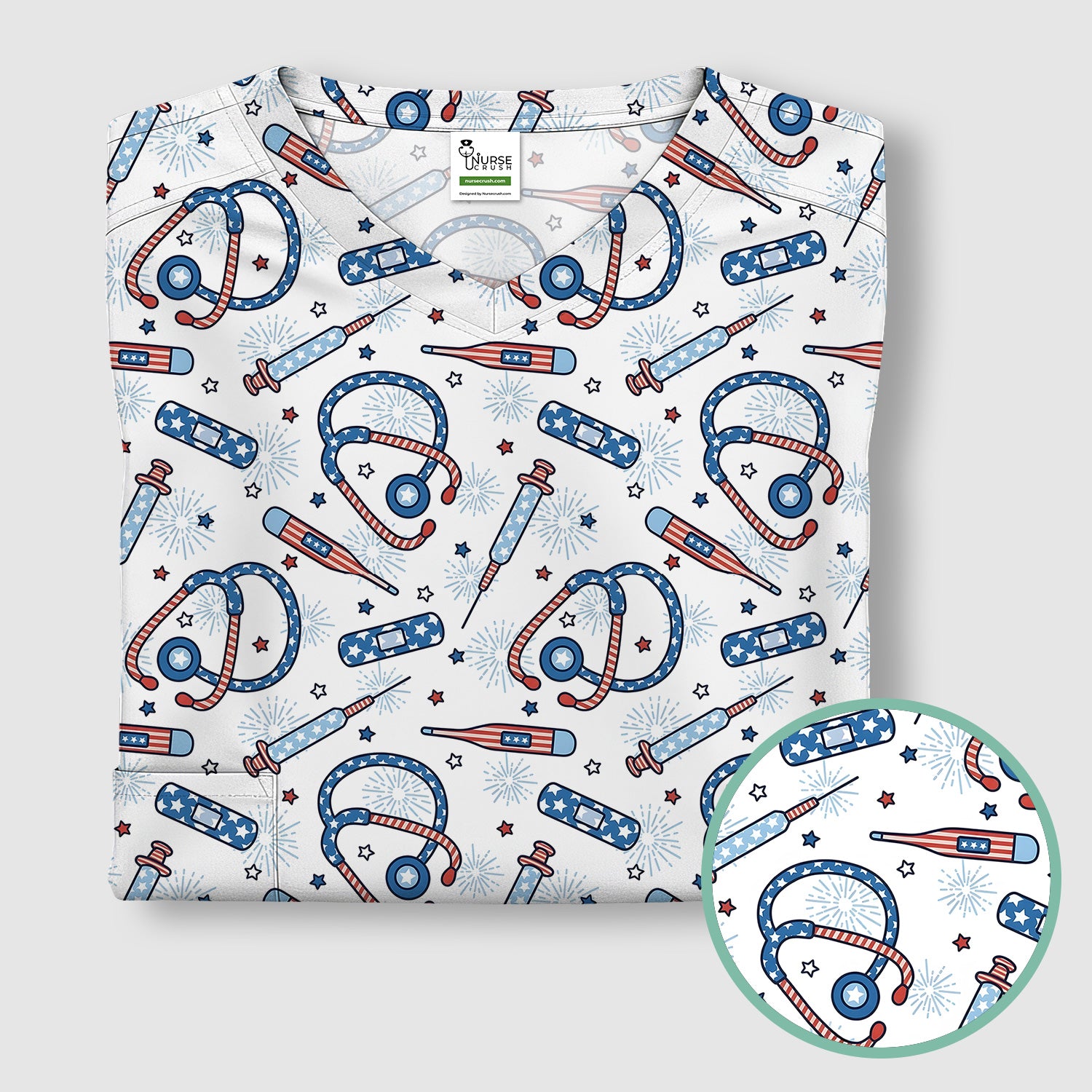 Funny Patriotic Stethoscope Bandage Nurse Pattern Scrub Top, Comfortable Scrubs for Nurses