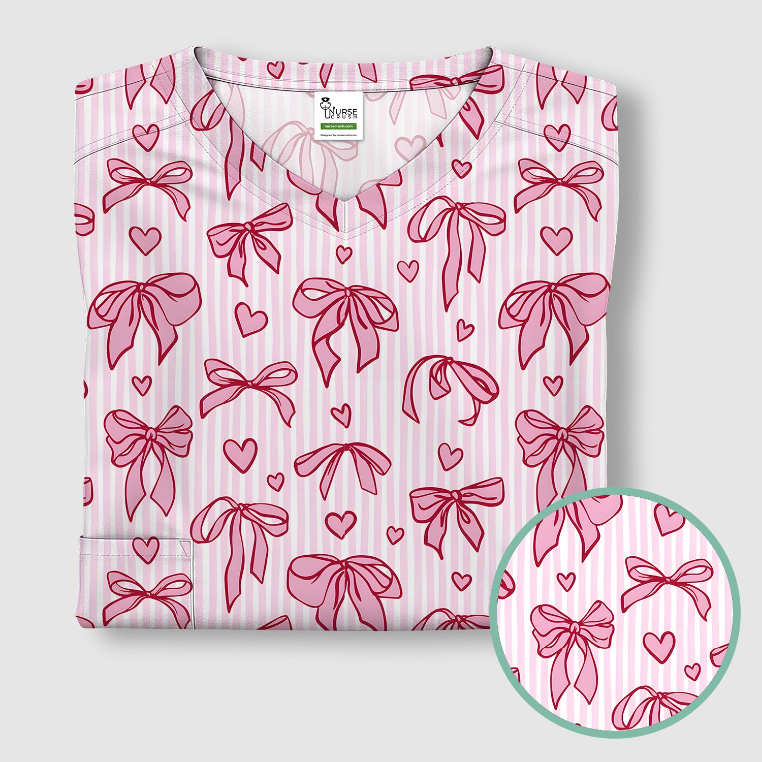Pink Bow Heart Stripe Pattern Scrub Top, Breathable Fabrics Nursing Uniform