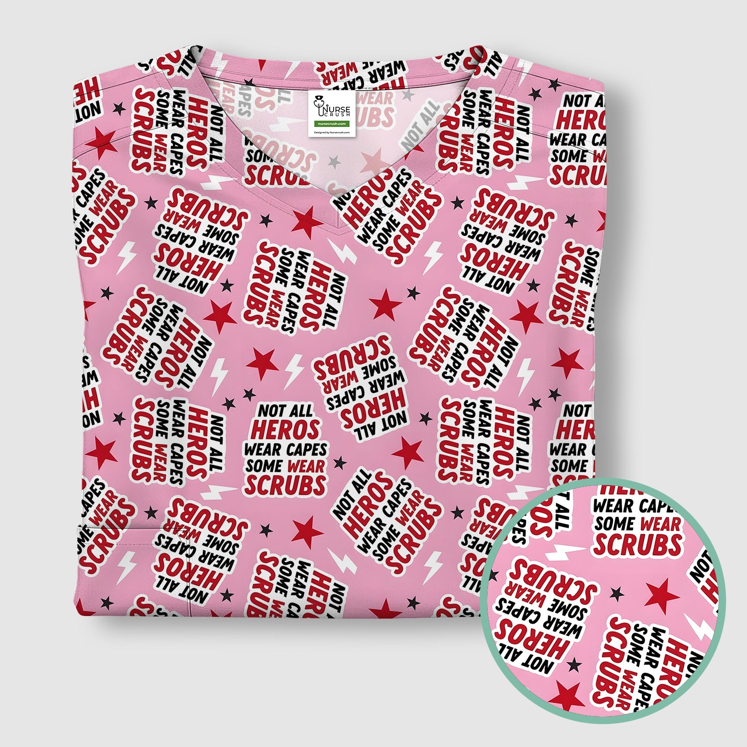 Not All Heroes Wear Scrubs Quote Stars Lightning Pattern Scrub Top, Comfortable Scrubs for Nurses