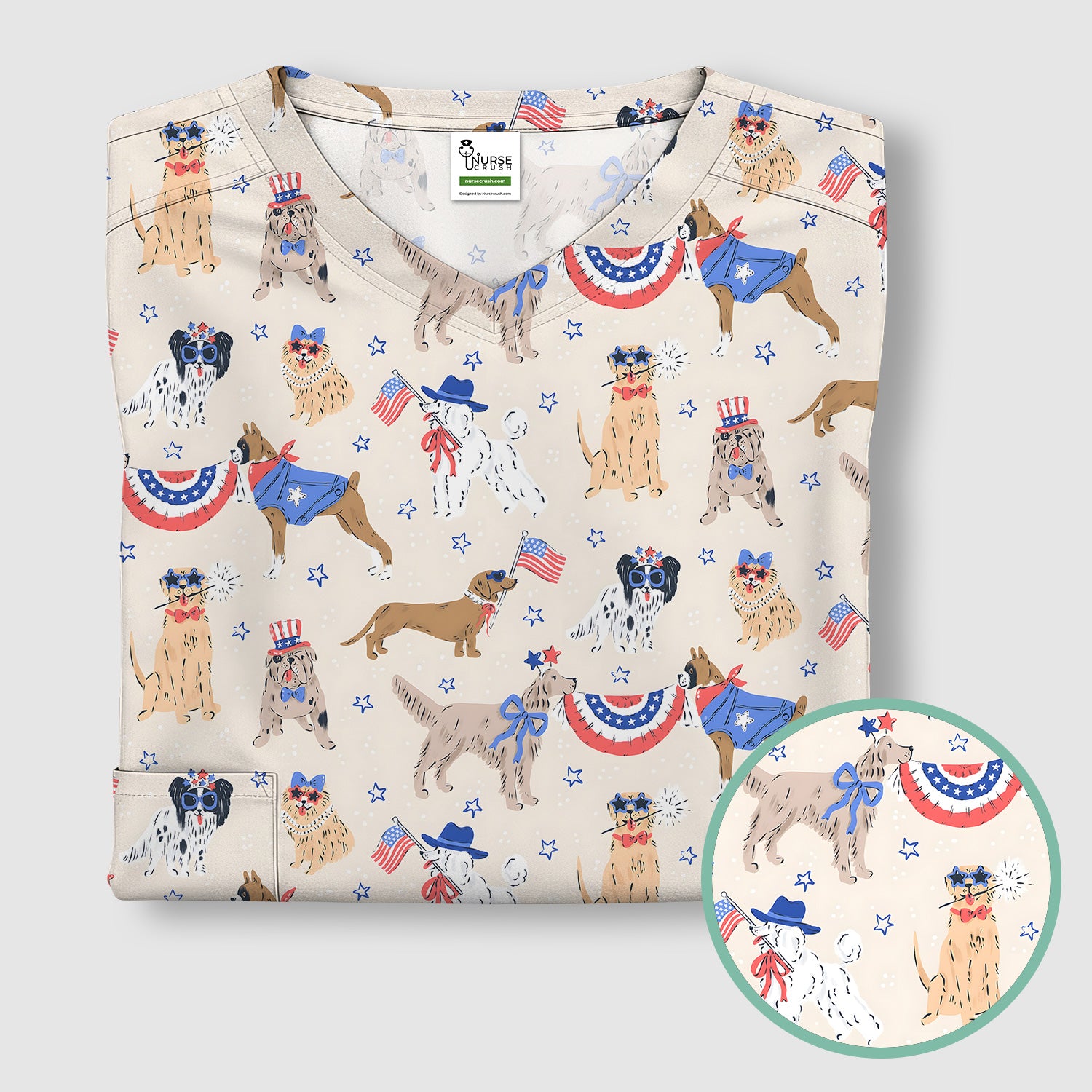 Patriotic Dog Parade Pattern Scrub Top, Comfortable Scrubs for Nurses