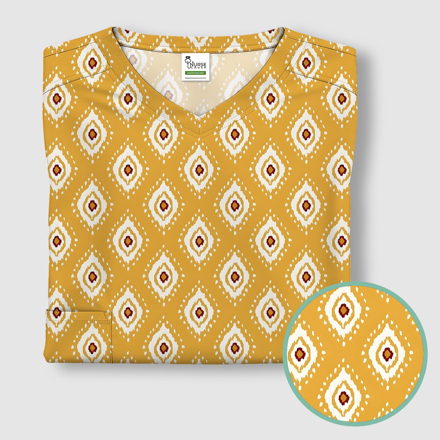 Cute Mustard Geometric Ikat Nurse Pattern Scrub Top, Breathable Fabrics Nursing Uniform