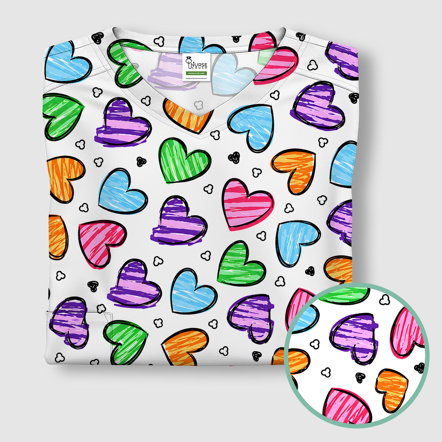 Colorful Doodle Heart Pattern Scrub Top, Comfortable Scrubs for Nurses