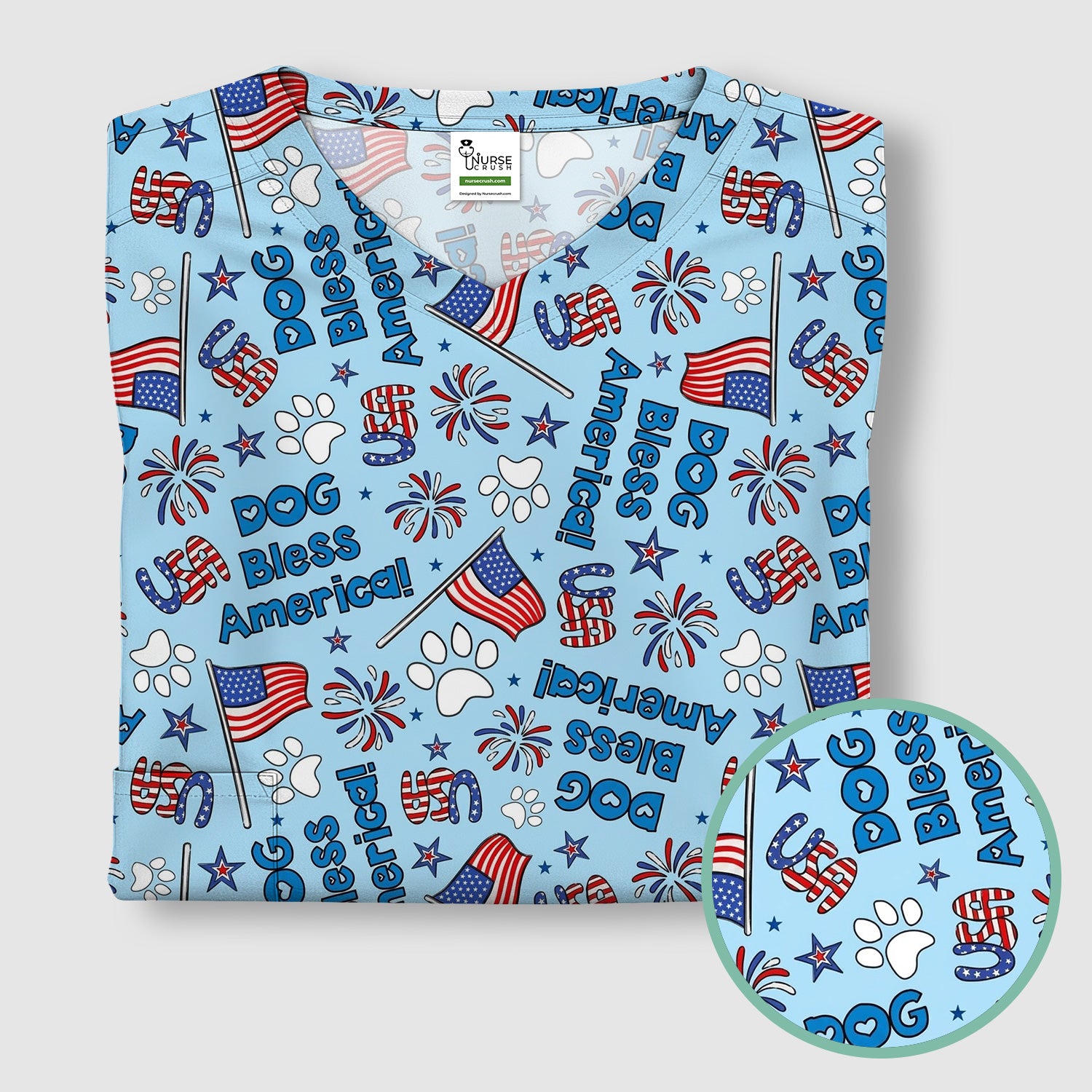 Funny Patriotic Dog Bless America Flag Pattern Scrub Top, Comfortable Scrubs for Nurses